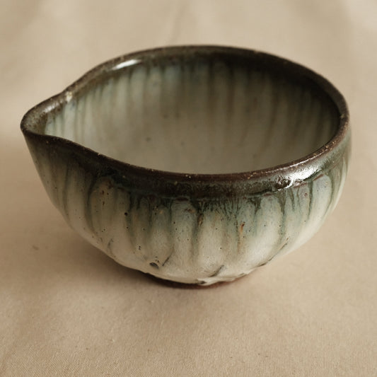 Masamura Japan Carved Artichoke Moss Green Japan Katakuchi Chawan Matcha Bowl with Spout