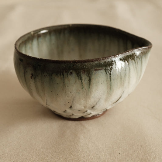 Masamura Japan Carved Artichoke Moss Green Japan Katakuchi Chawan Matcha Bowl with Spout