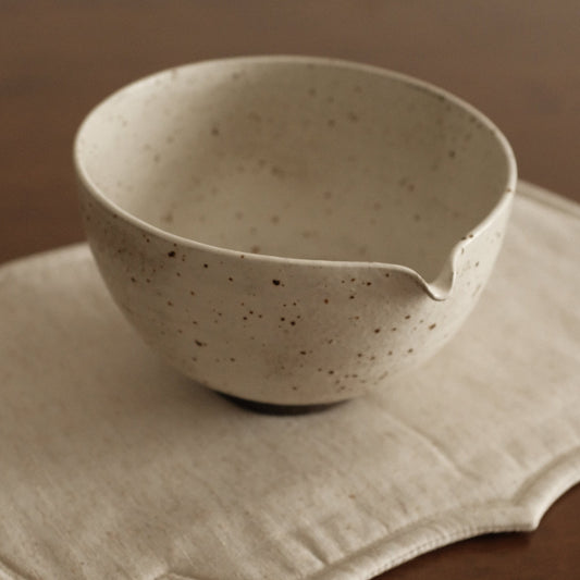 Yuli Speckled Grey White Handmade Katakuchi Matcha Bowl Powdered Glaze Underglazed Stoneware