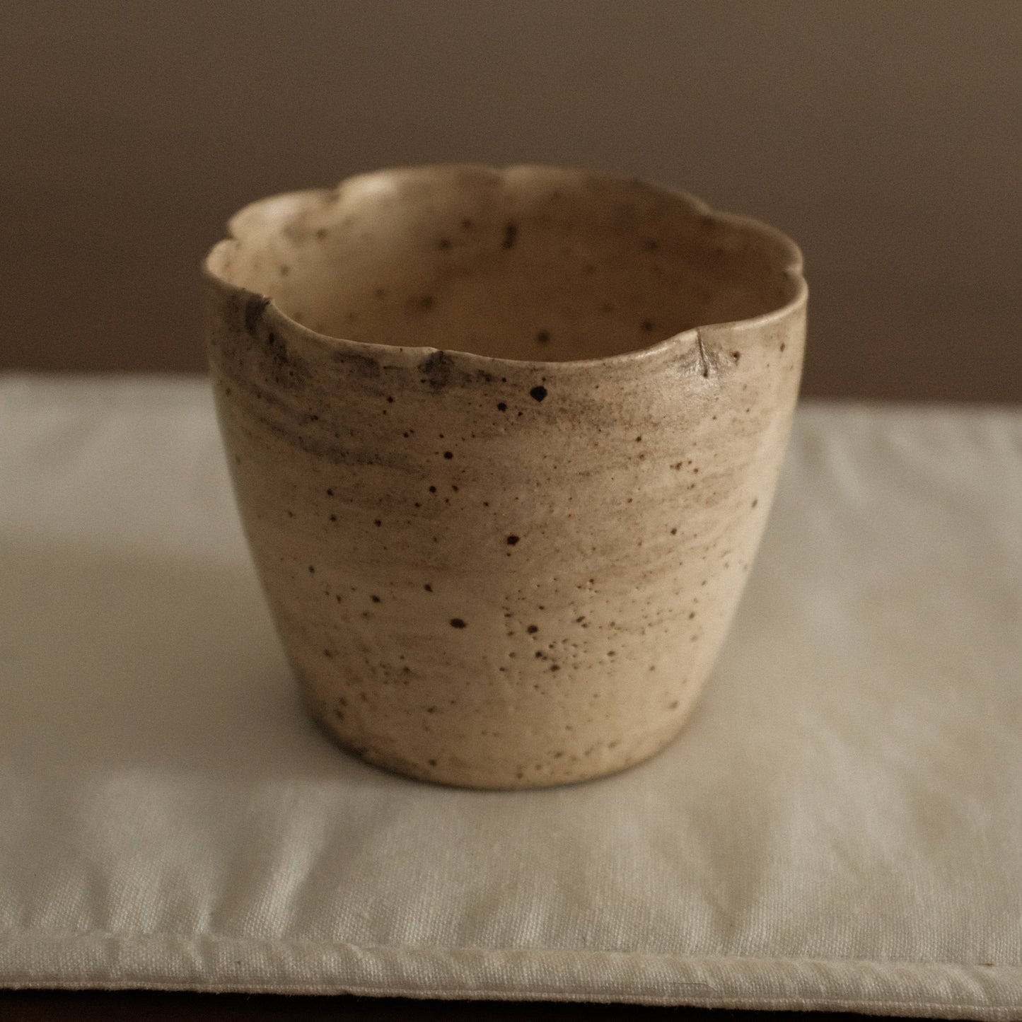 Yuli Handmade Speckled Grey Beige Floral Rim Choko Cup Powdered Glaze Underglaze Stoneware