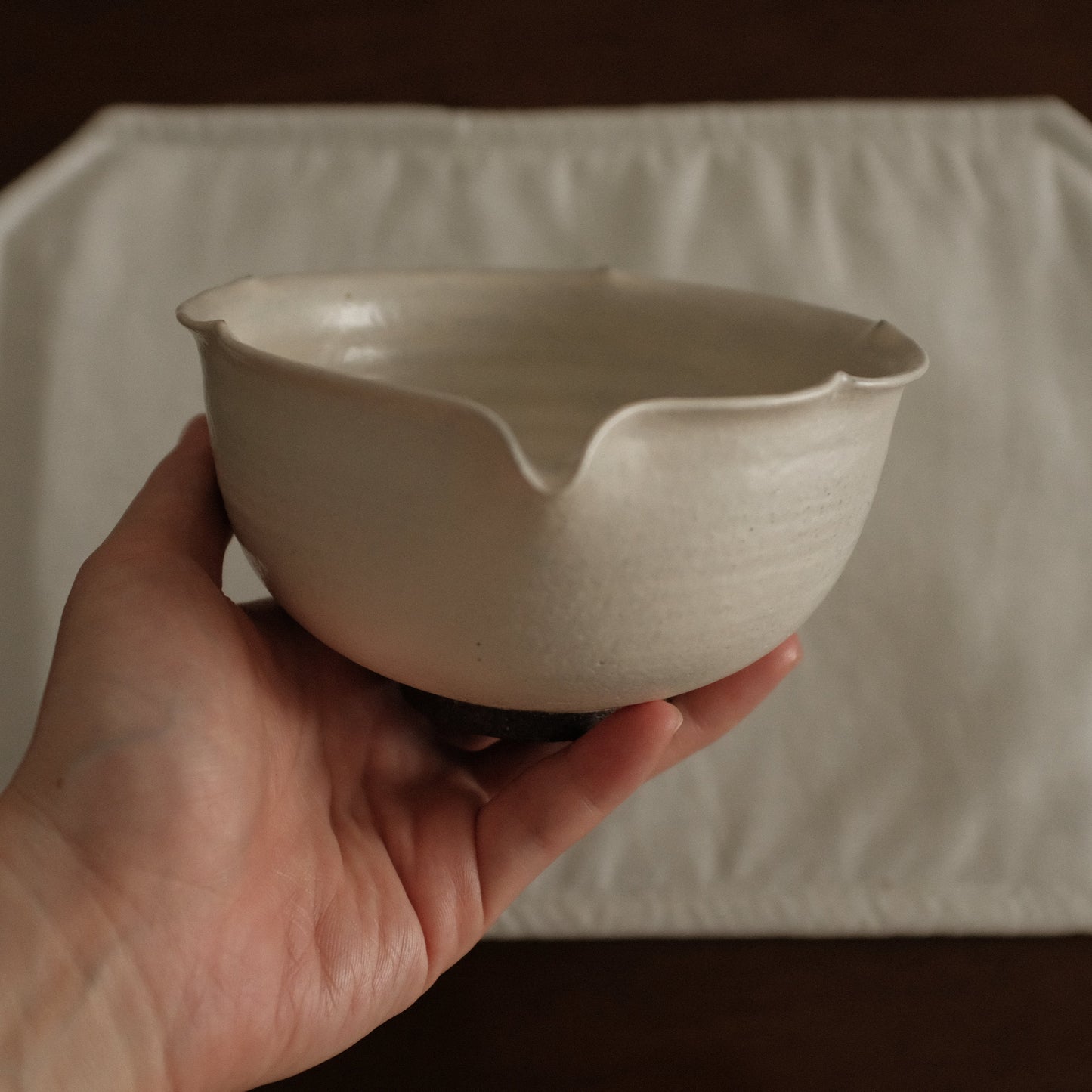 Yuli Handmade Snow White Floral Rim Katakuchi Chawan Matcha Bowl Powdered Glaze Underglazed Stoneware