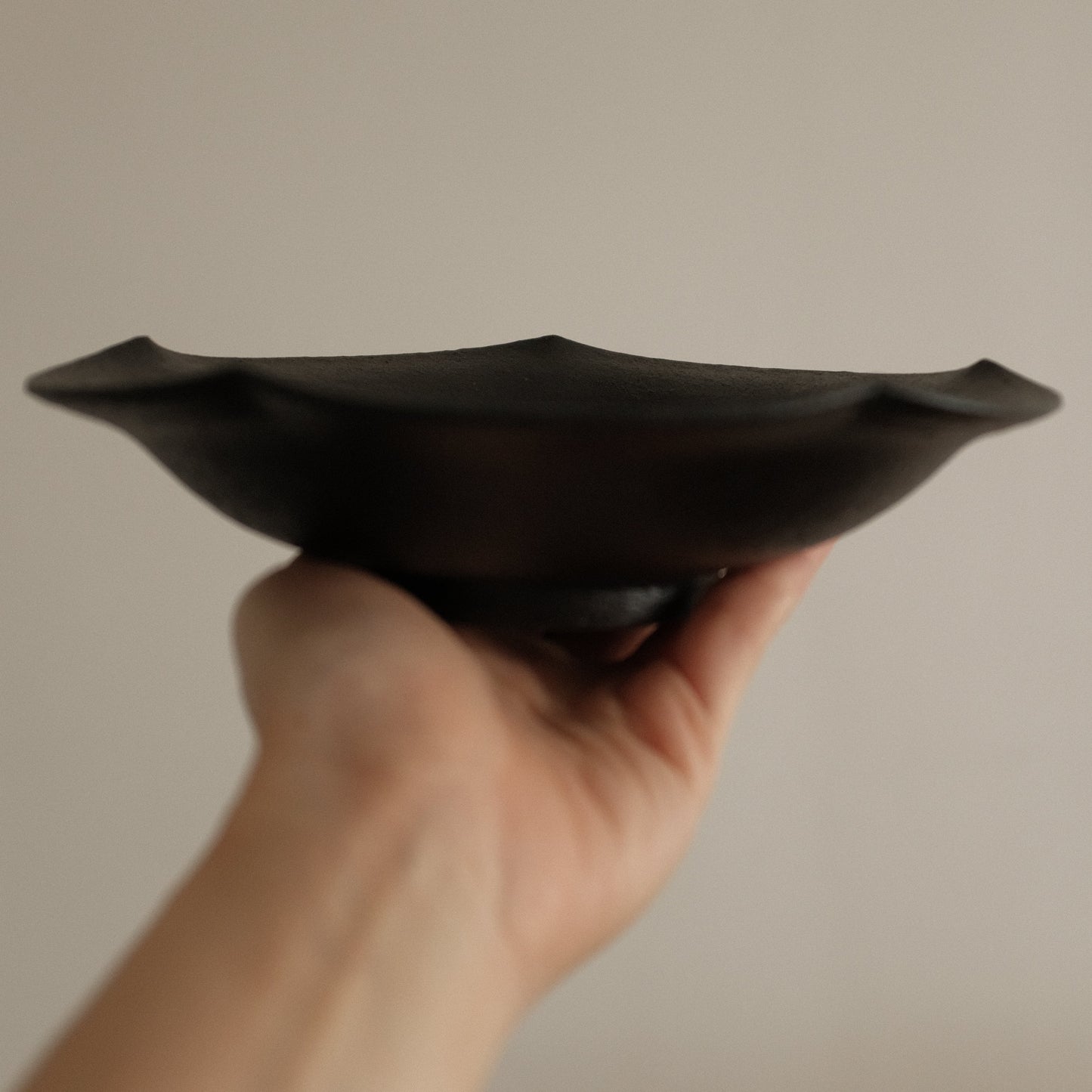 Yu Li Handmade Ebony Black Floral Rim Plate Dish Black Glaze Underglazed Stoneware