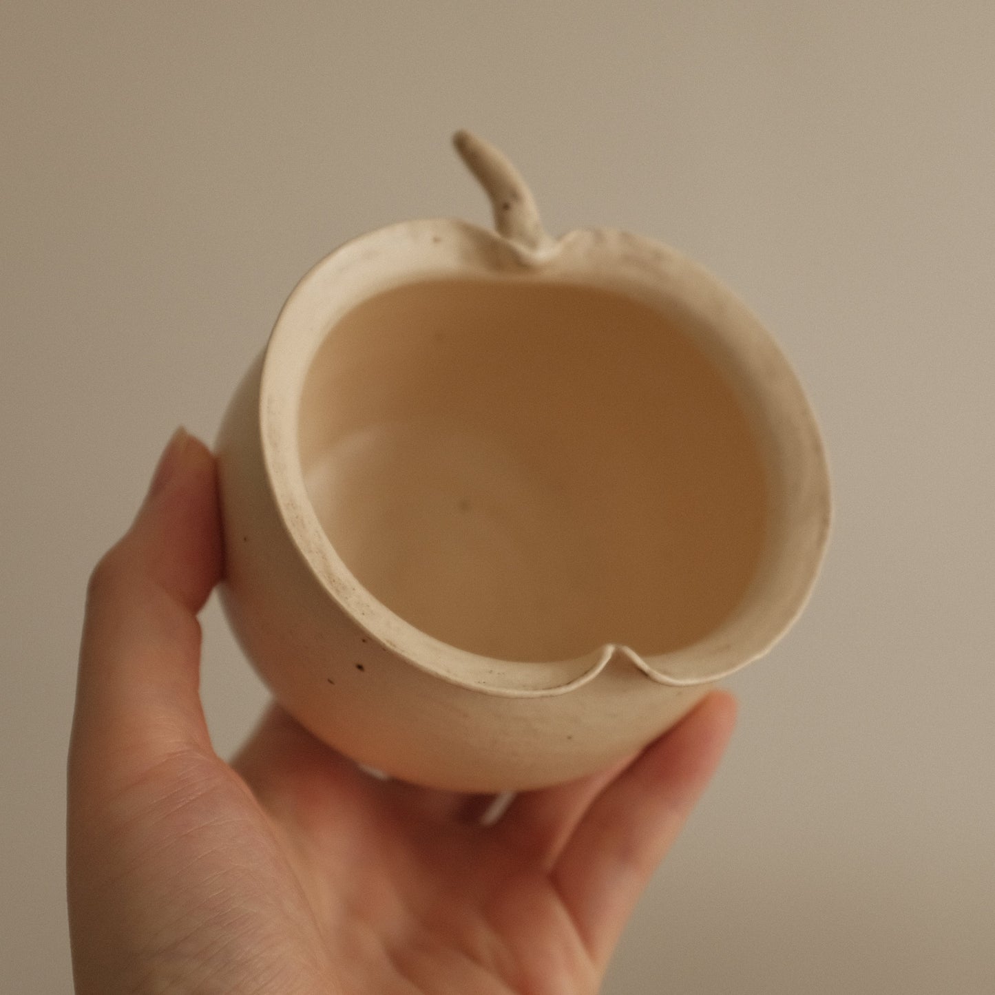 Yuli Handmade Cream Beige Apple Cup Bowl Powdered Glaze Underglaze Stoneware