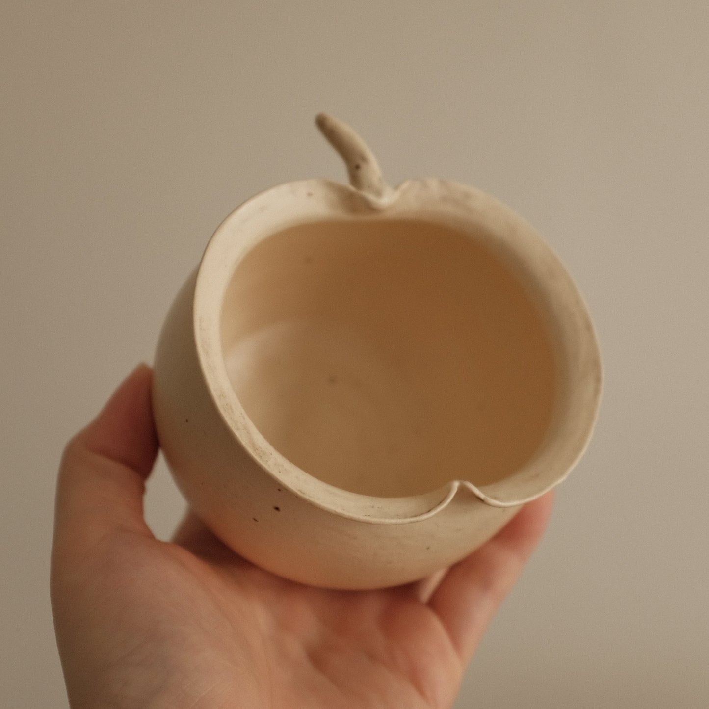 Yuli Handmade Cream Beige Apple Cup Bowl Powdered Glaze Underglaze Stoneware
