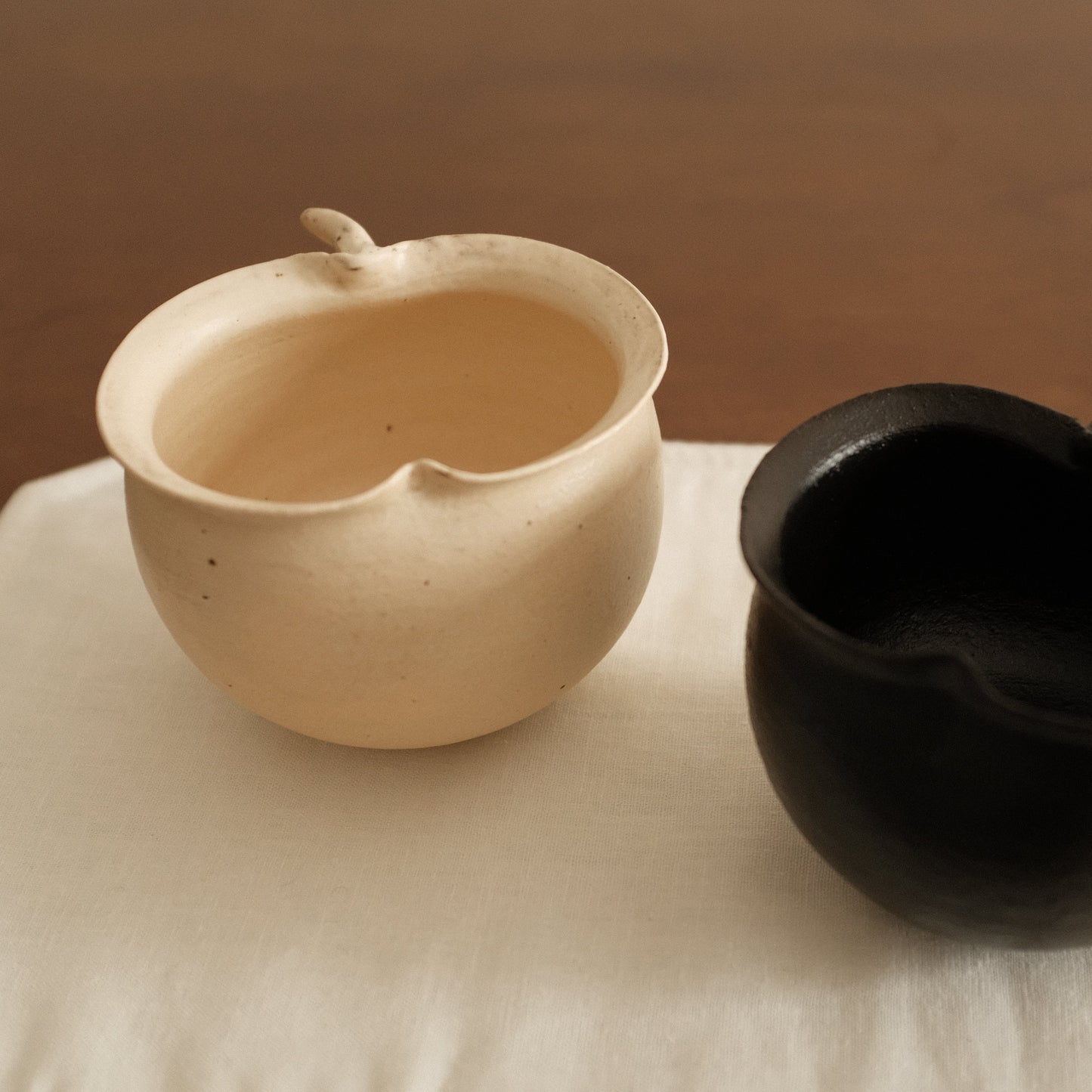 Yuli Handmade Cream Beige Apple Cup Bowl Powdered Glaze Underglaze Stoneware