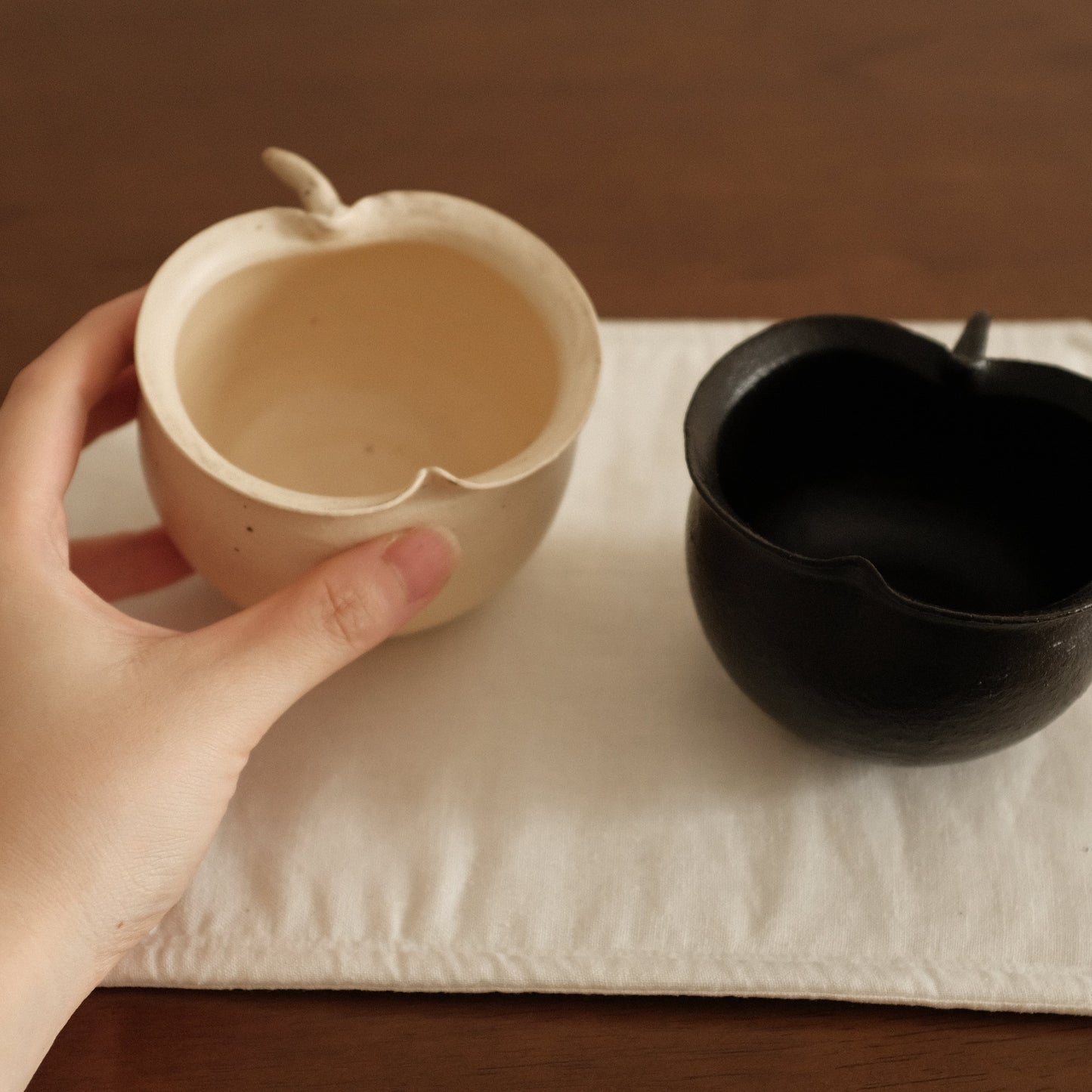 Yuli Handmade Cream Beige Apple Cup Bowl Powdered Glaze Underglaze Stoneware