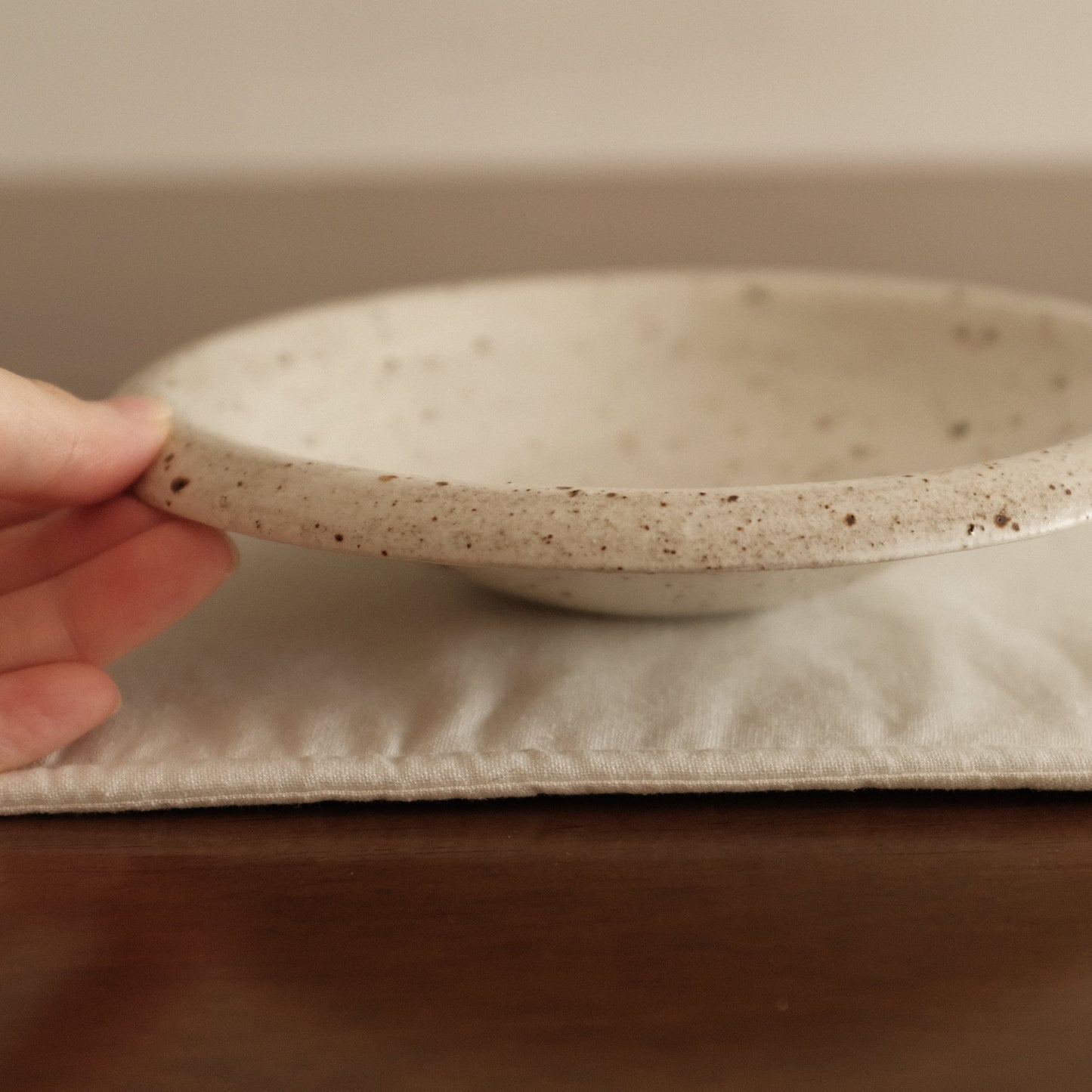 Yuli Handmade Speckled White Rolled Rim Deep Plate Dish Powdered Glaze Underglazed Stoneware