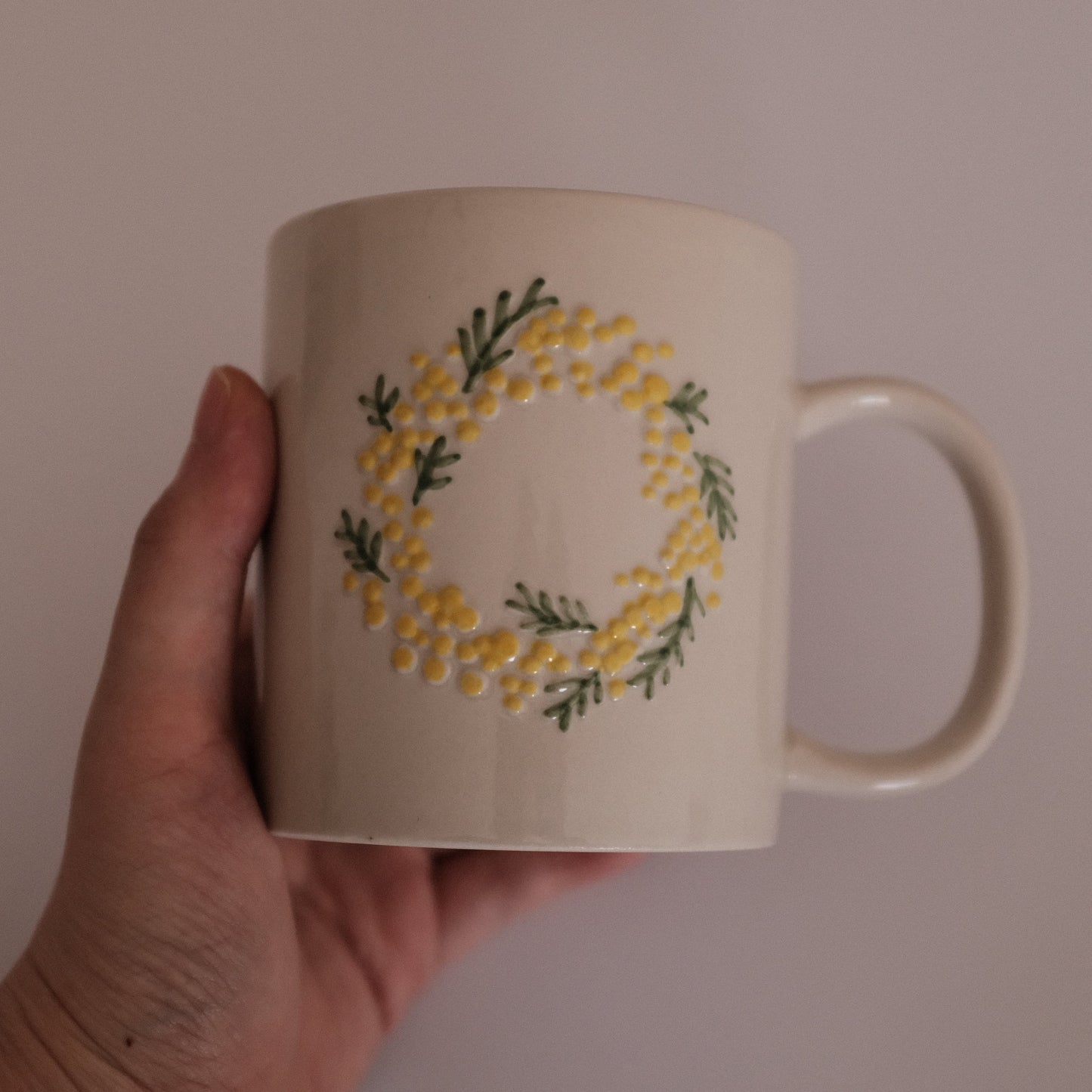 SUMMERIE Rustic Charm Whimsical Floral Mimosa Relief Ceramic Mug