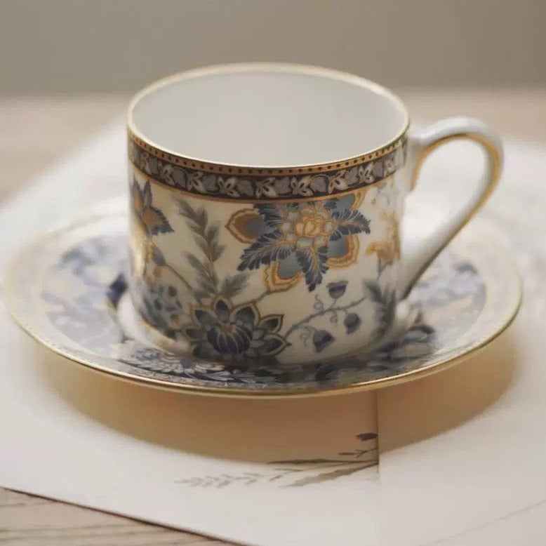 NARUMI Blue Flower Gold Rim Coffee Cup & Saucer Set