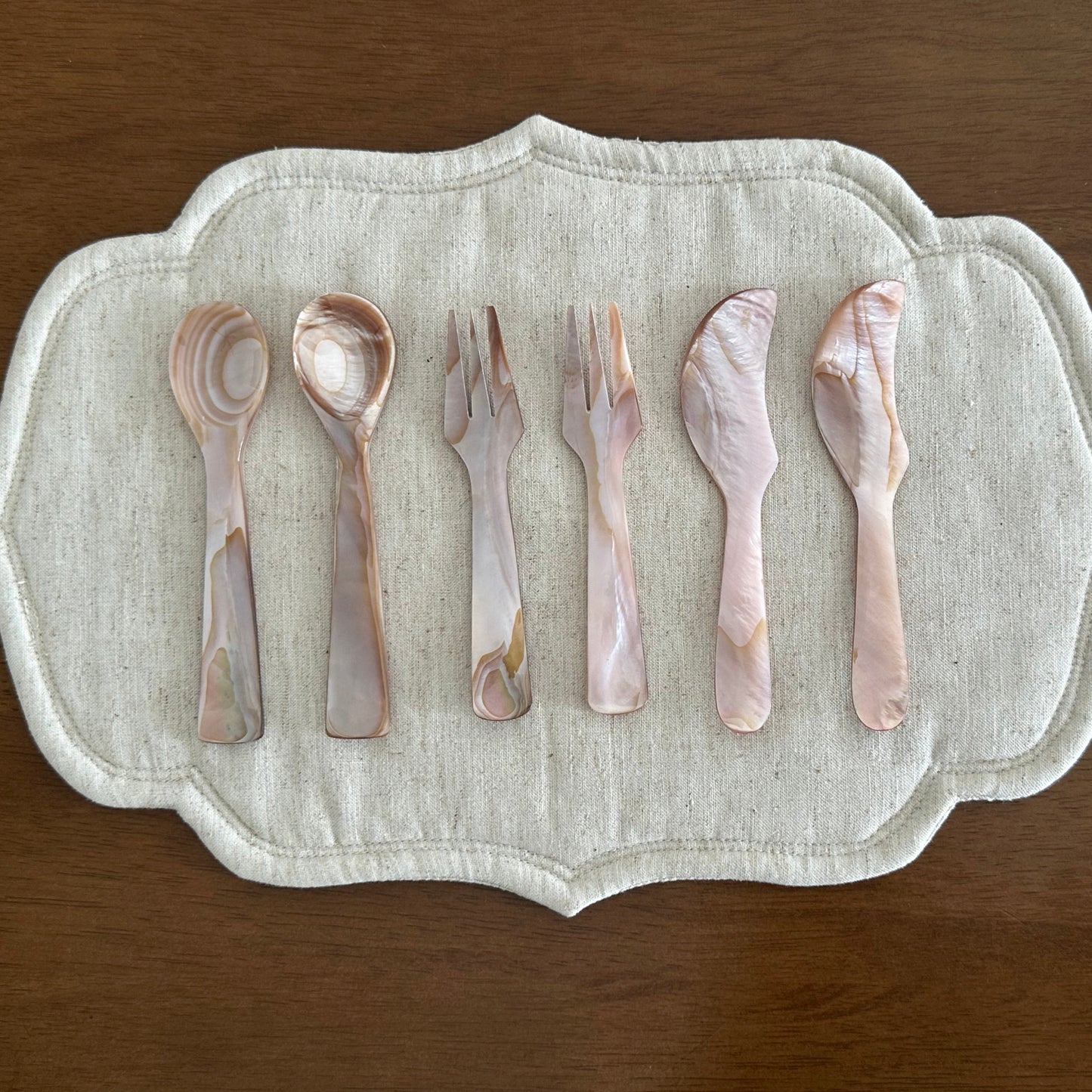PEARLE Beige Pink Mother of Pearl Spoon Fork Knife 12cm Dessert Coffee Cake Cutlery Flatware