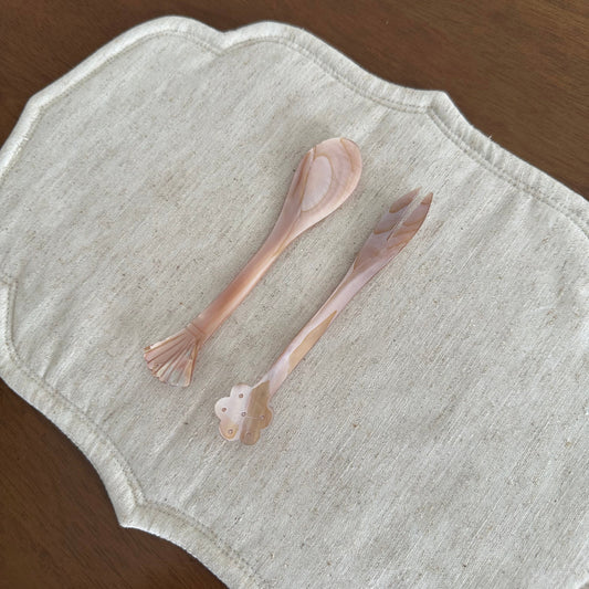 PEARLE Pink Beige Pink Mother of Pearl Flower Pattern Tip Spoon Fork 12 cm Dessert Coffee Cake Cutlery Flatware