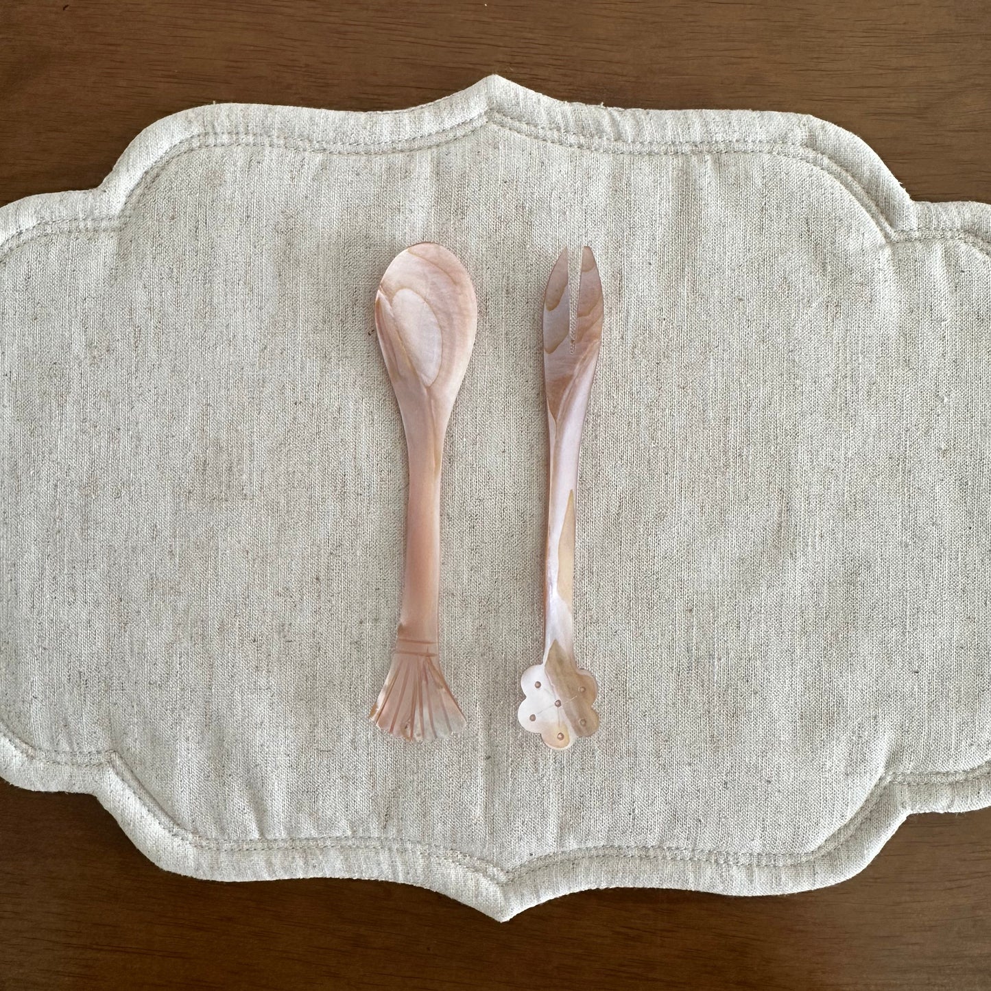 PEARLE Pink Beige Pink Mother of Pearl Flower Pattern Tip Spoon Fork 12 cm Dessert Coffee Cake Cutlery Flatware