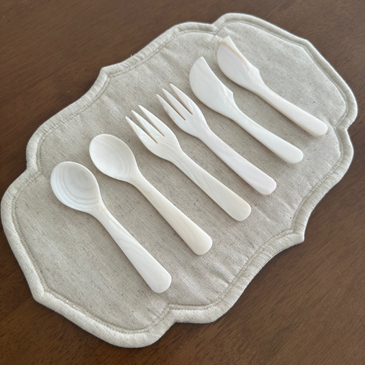 PEARLE Off White Mother of Pearl Spoon Fork Knife 12cm Dessert Coffee Cake Cutlery Flatware