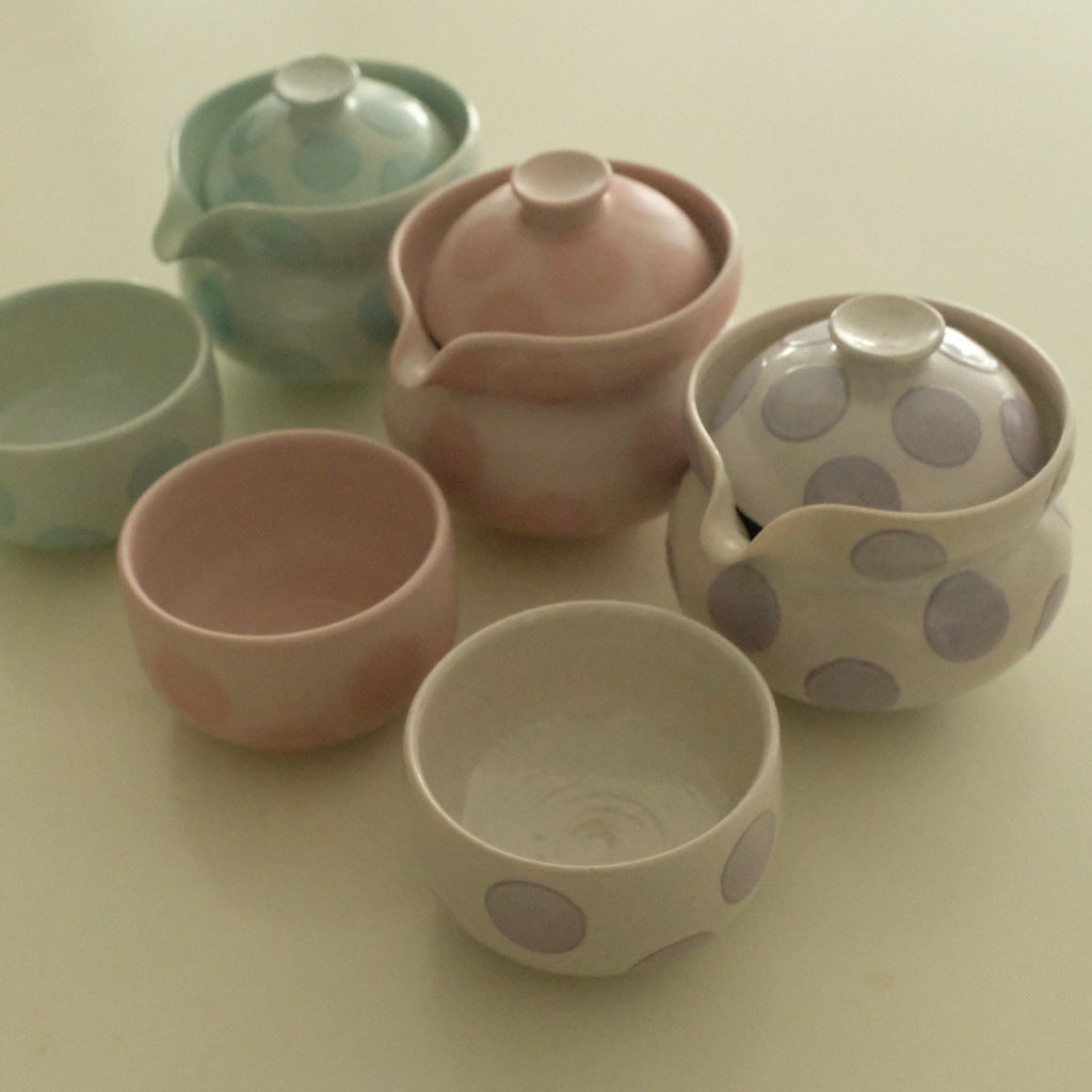 Yang Handmade Hohin Handless Teapot Tea Cup Porcelain Tea Set Blush Pink Polka Dots