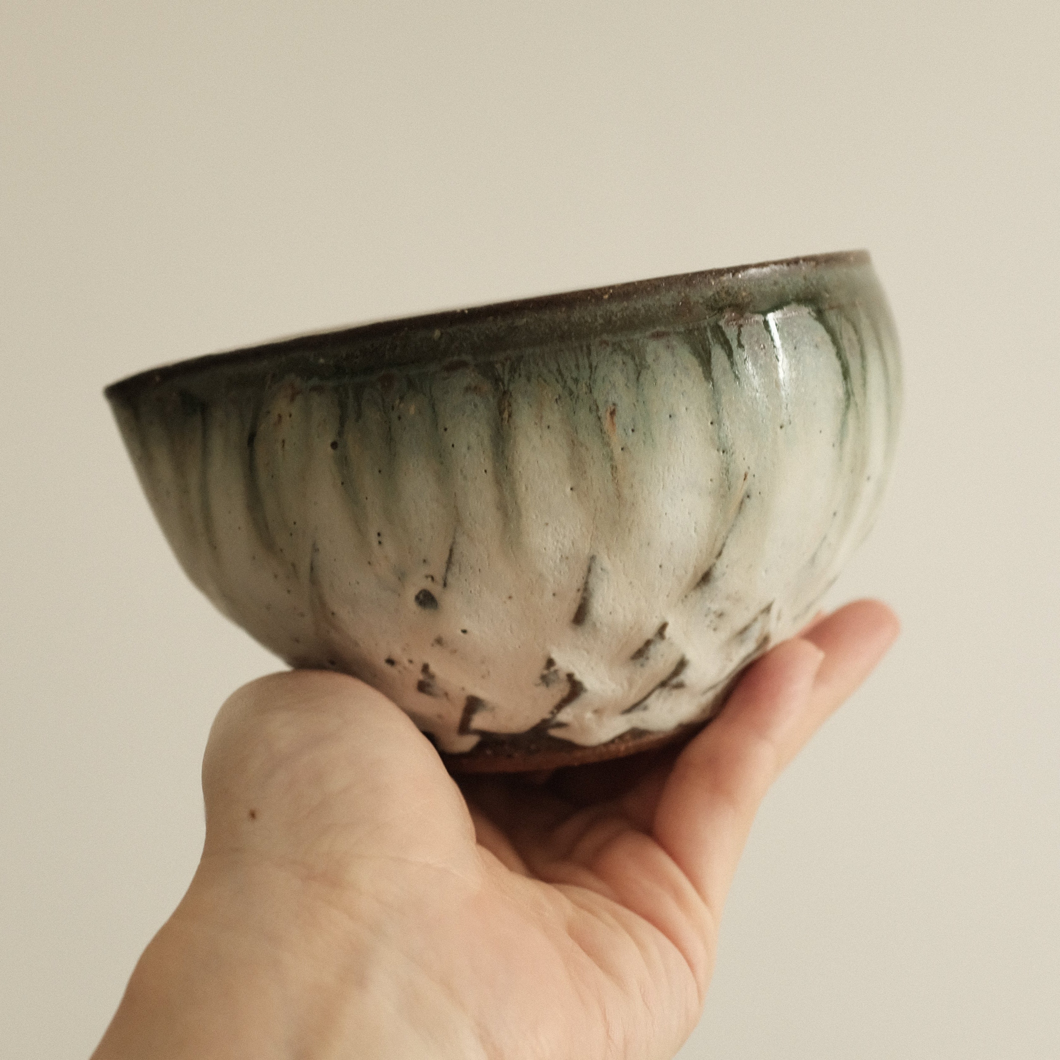 Masamura Japan Carved Artichoke Moss Green Japan Katakuchi Chawan Matcha Bowl with Spout