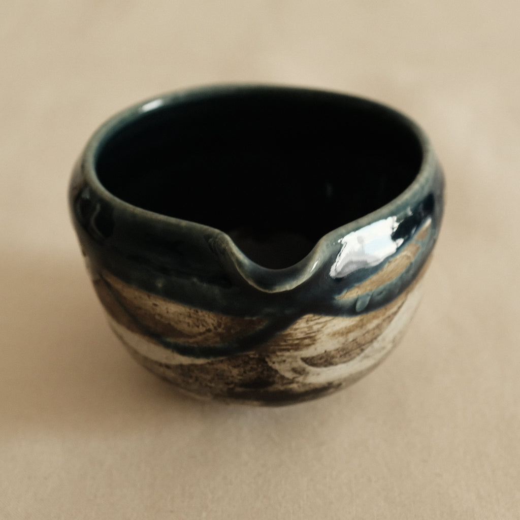 Hatsuichi Japan Ai Nagashi Dark Blue Katakuchi Chawan Matcha Bowl Minoware