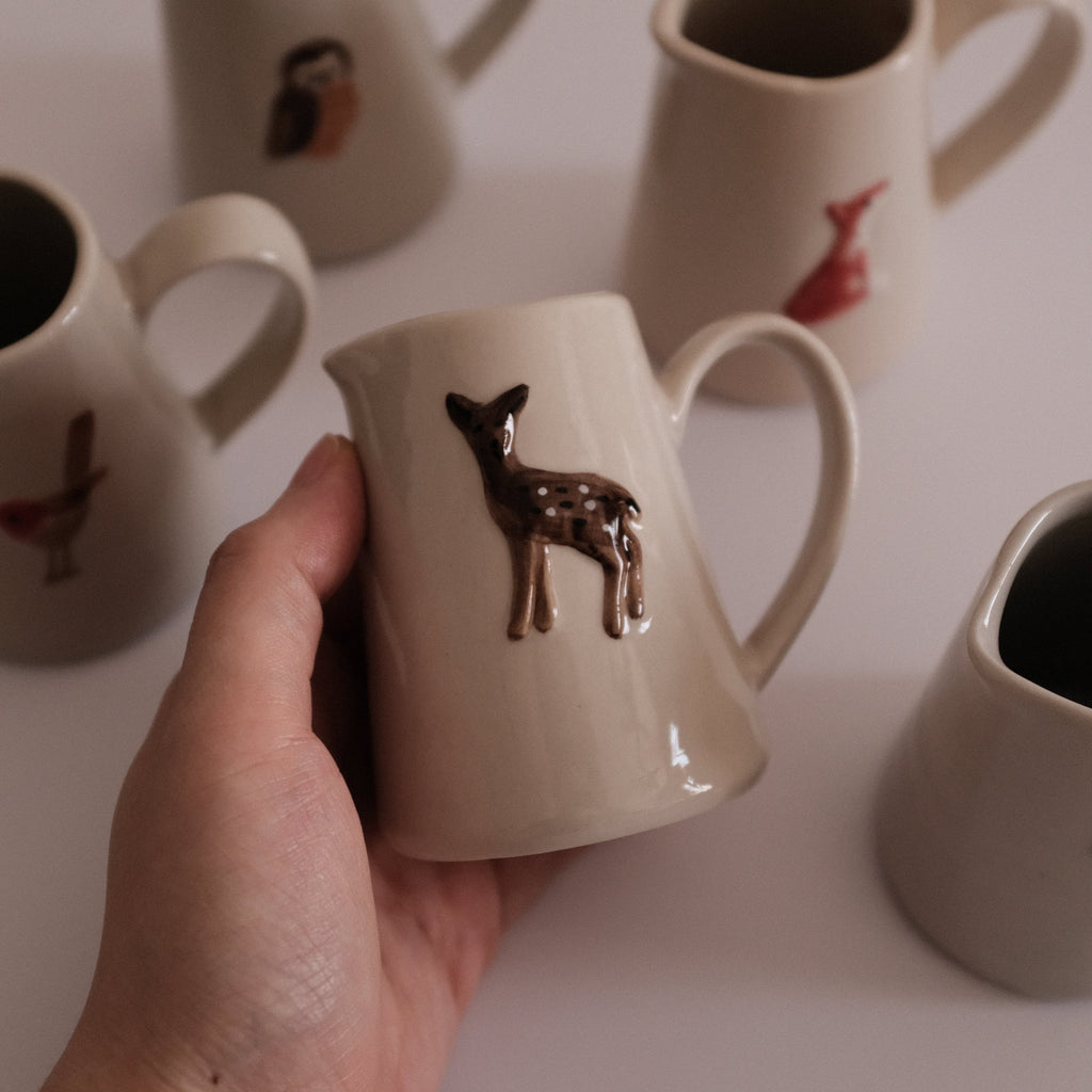 IN THE WOODS Rustic Charm Handpainted Fawn Deer Relief Ceramic Pitcher Jug