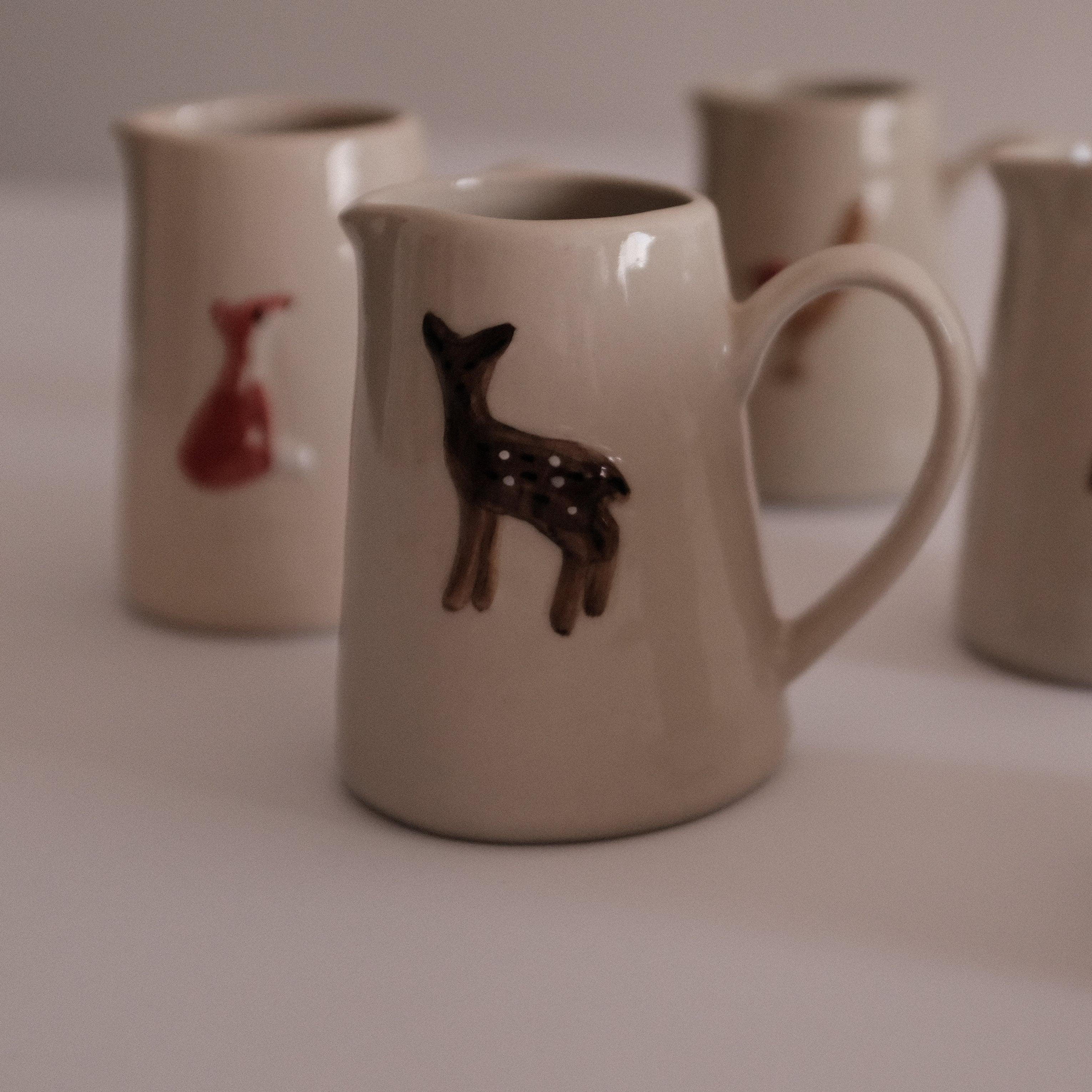 IN THE WOODS Rustic Charm Handpainted Fawn Deer Relief Ceramic Pitcher Jug