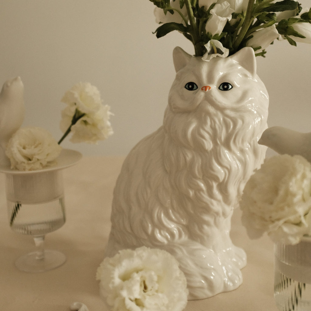 ODETTE Majestic White Persian Cat Ceramic Vase