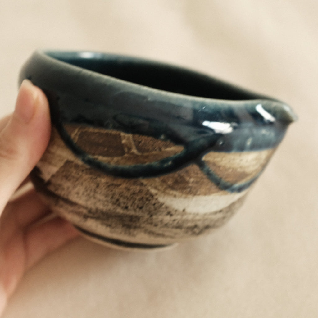 Hatsuichi Japan Ai Nagashi Dark Blue Katakuchi Chawan Matcha Bowl Minoware