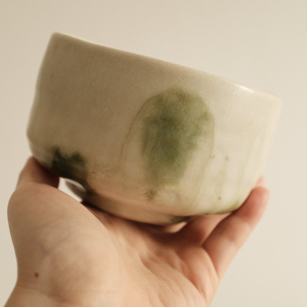 Wabi Sabi Oribe Green Mizutama Dots White Matcha Bowl