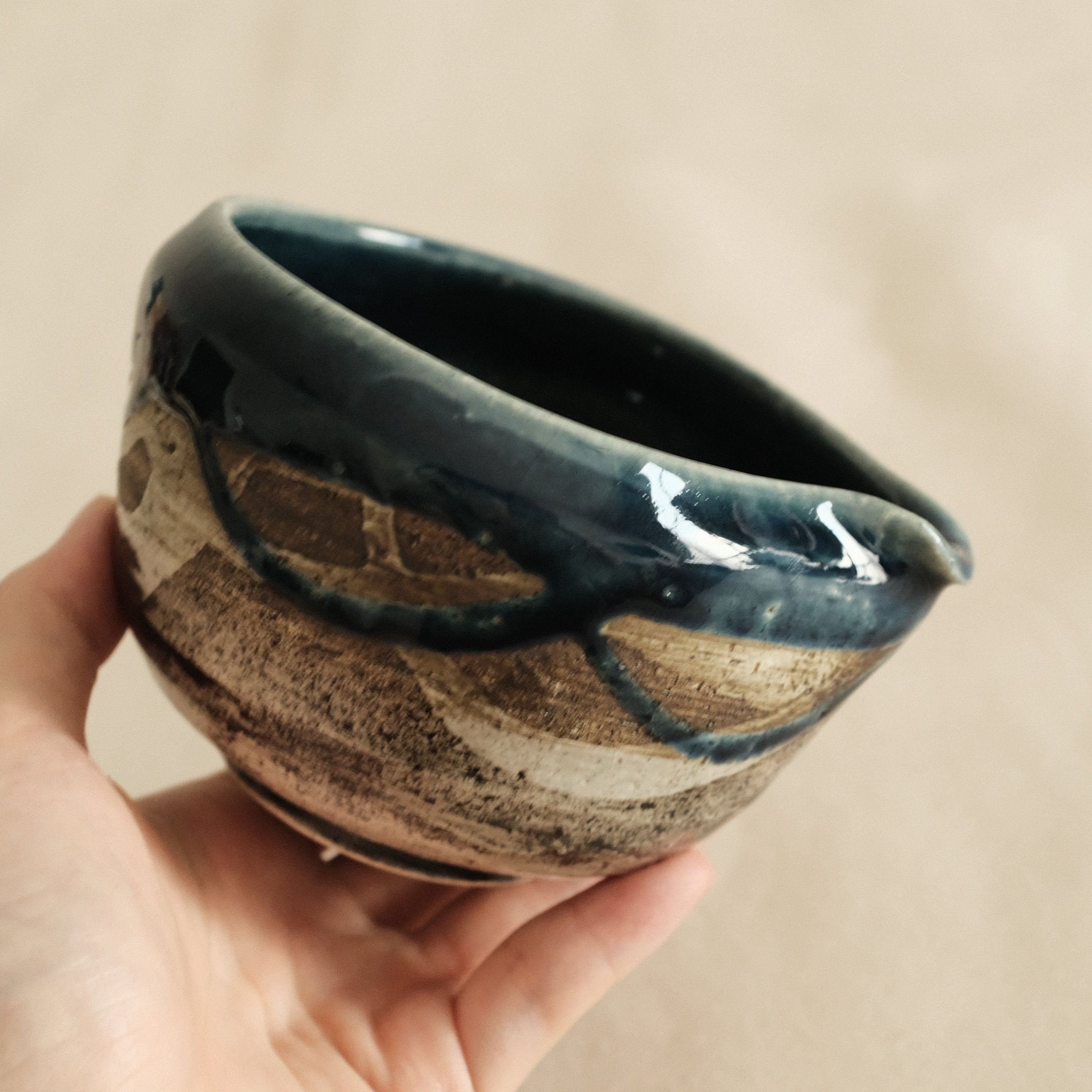 Hatsuichi Japan Ai Nagashi Dark Blue Katakuchi Chawan Matcha Bowl Minoware