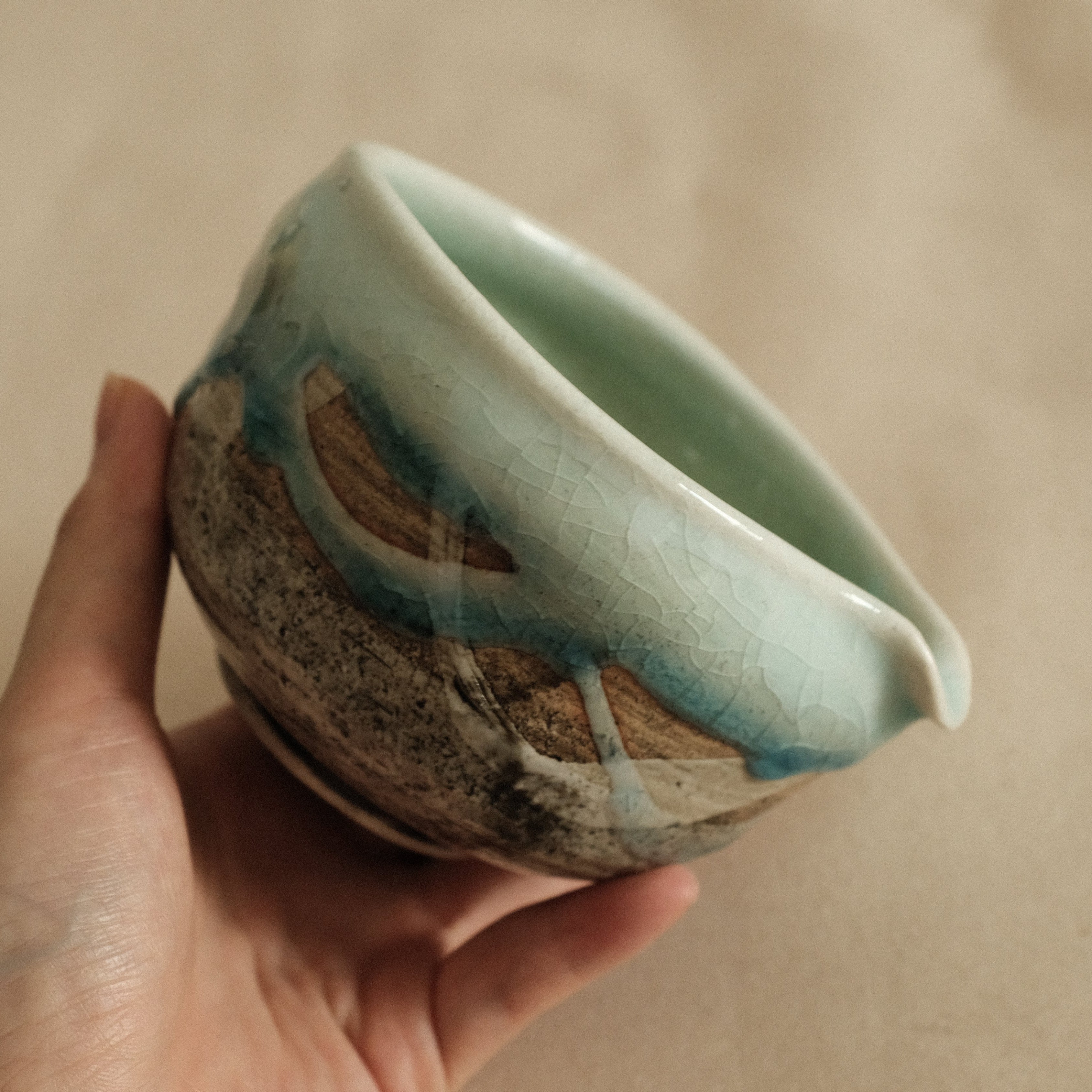 Hatsuichi Japan Mizuiro Light Blue Nagashi Katakuchi Chawan Matcha Bowl Minoware