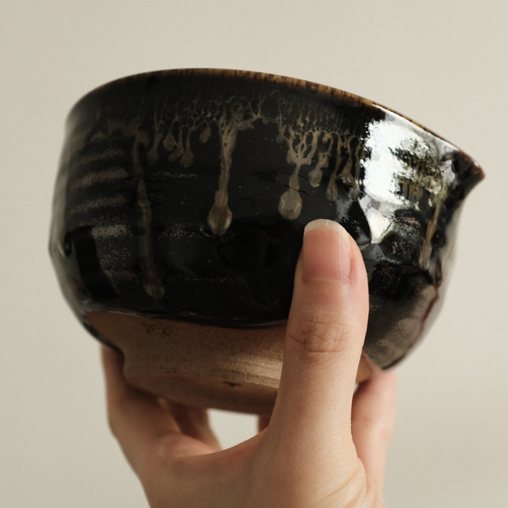 Hana Izumi Kiln Japan Kuro Black Tenmoku Nagashi Katakuchi Chawan Matcha Bowl Aritaware