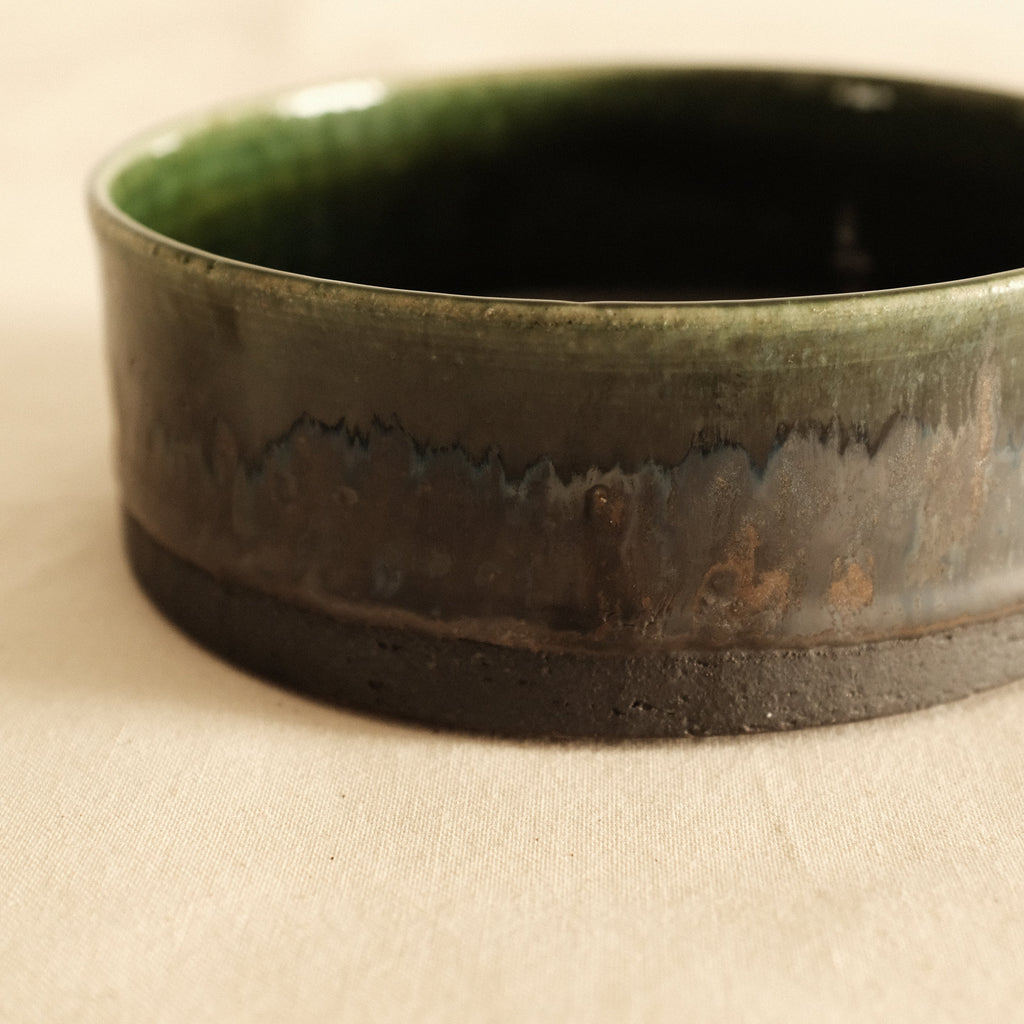 Kuroki Taira Oribe Green Glaze Checkered Dish Bowl