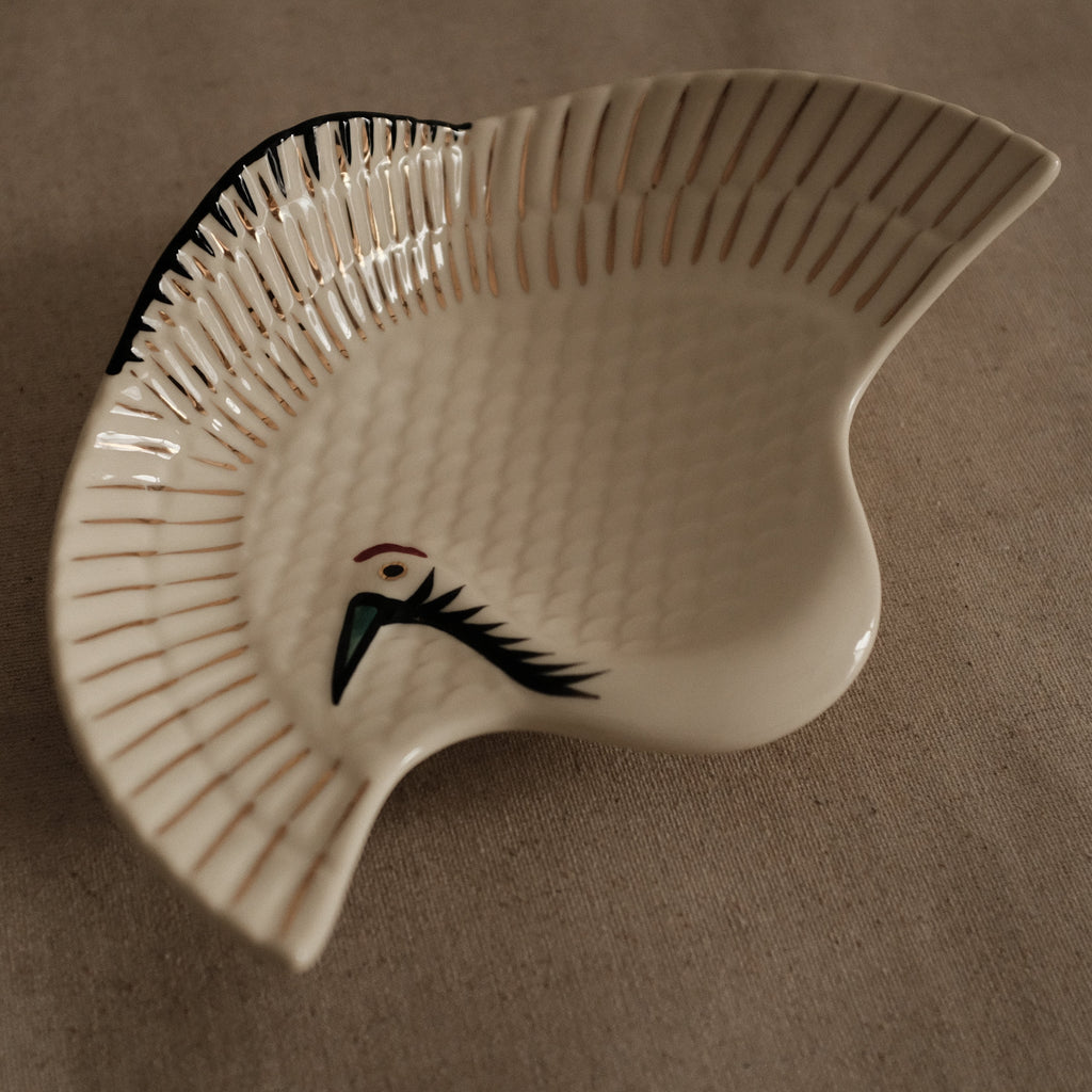 Tsuru White Crane Underglazed Cream Ceramic Dish Plate