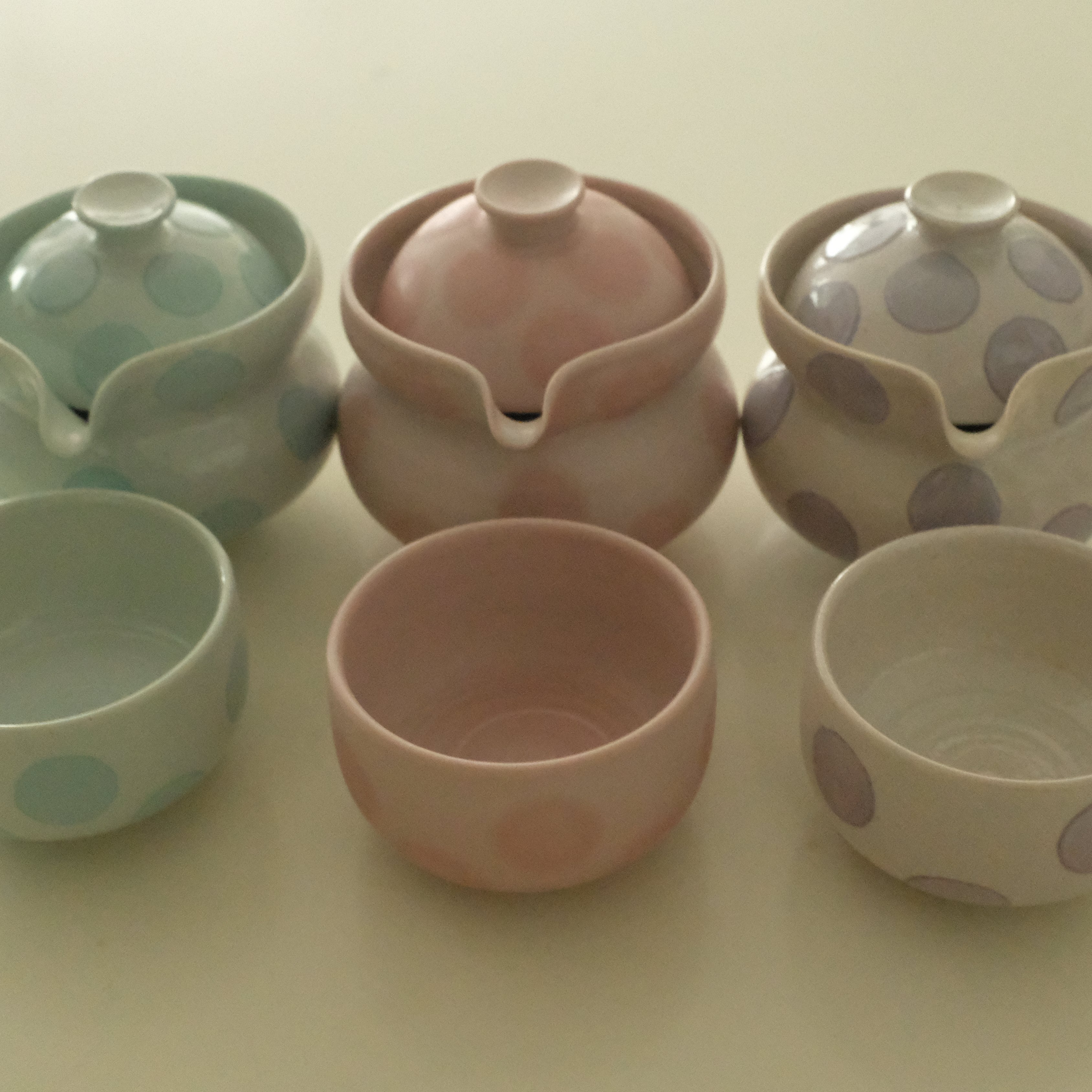 Yang Handmade Hohin Handless Teapot Tea Cup Porcelain Tea Set Blush Pink Polka Dots