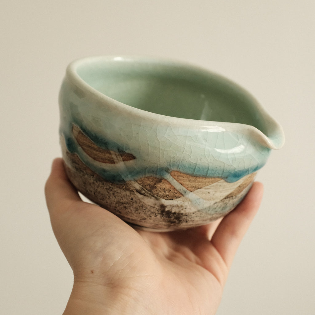 Hatsuichi Japan Mizuiro Light Blue Nagashi Katakuchi Chawan Matcha Bowl Minoware