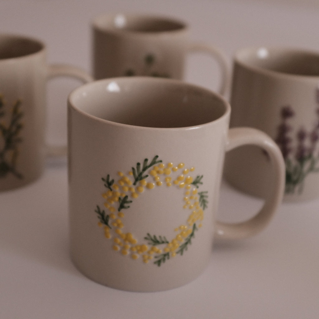 SUMMERIE Rustic Charm Whimsical Floral Mimosa Relief Ceramic Mug