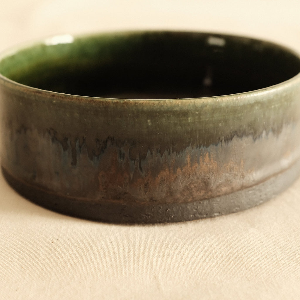 Kuroki Taira Oribe Green Glaze Checkered Dish Bowl