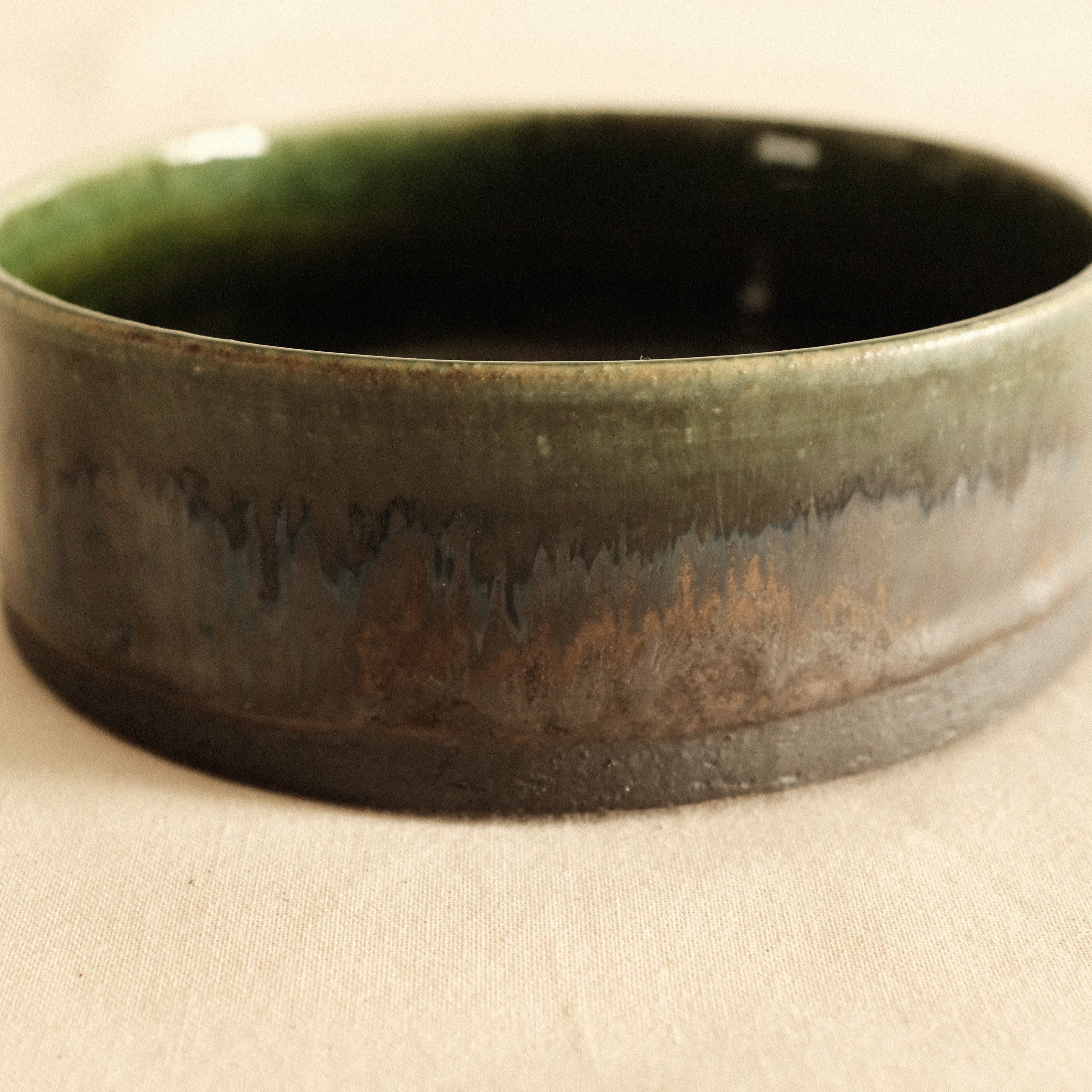 Kuroki Taira Oribe Green Glaze Checkered Dish Bowl