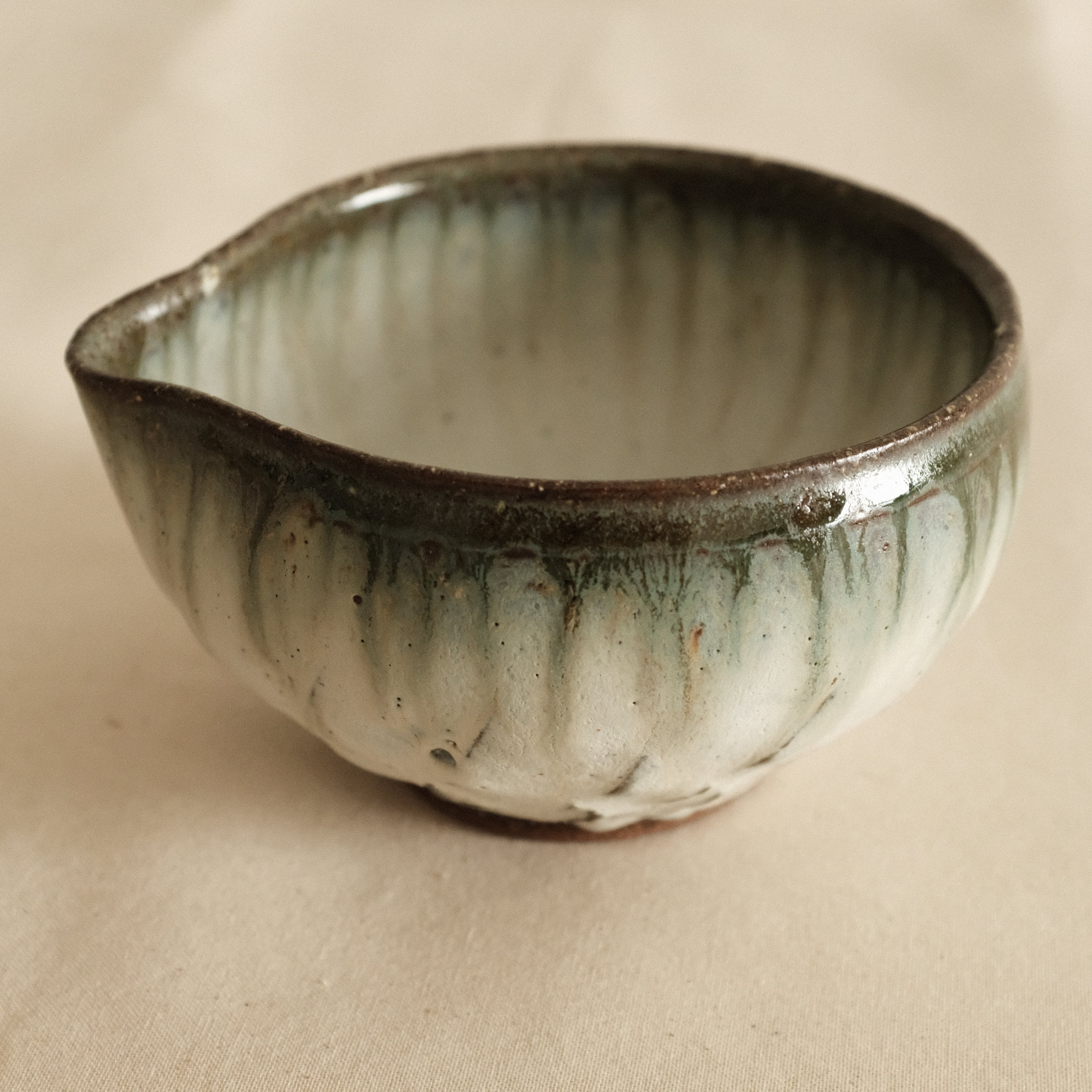 Masamura Japan Carved Artichoke Moss Green Japan Katakuchi Chawan Matcha Bowl with Spout