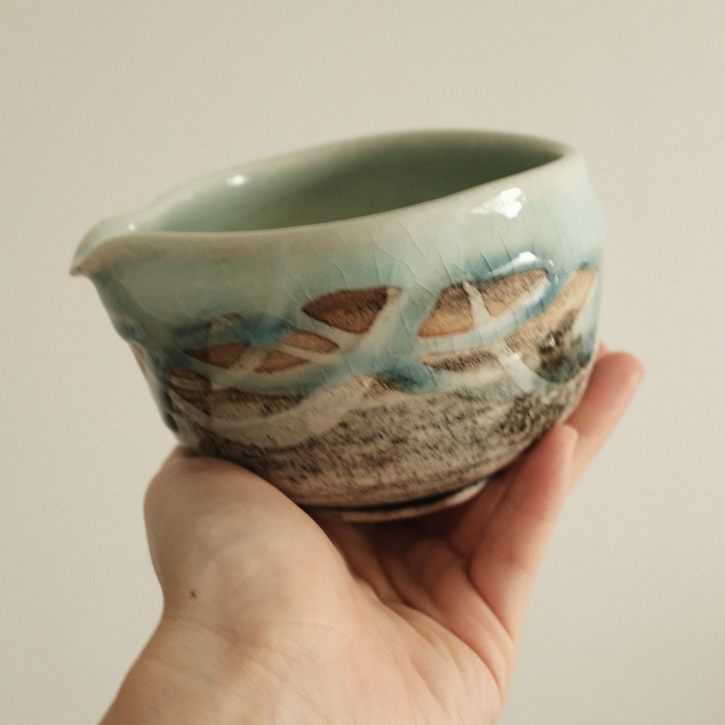 Hatsuichi Japan Mizuiro Light Blue Nagashi Katakuchi Chawan Matcha Bowl Minoware