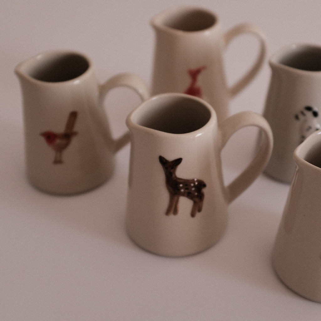 IN THE WOODS Rustic Charm Handpainted Fawn Deer Relief Ceramic Pitcher Jug