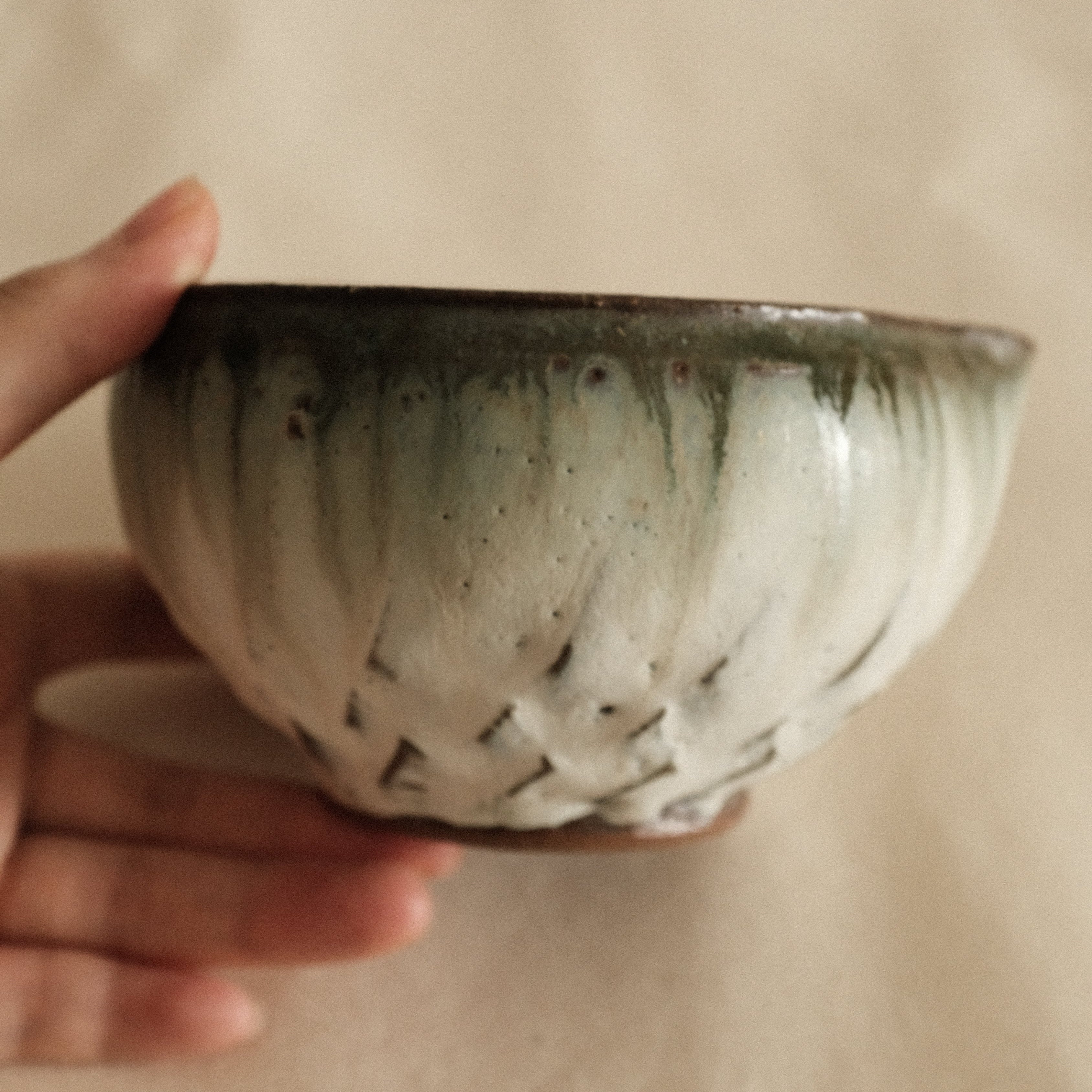 Masamura Japan Carved Artichoke Moss Green Japan Katakuchi Chawan Matcha Bowl with Spout