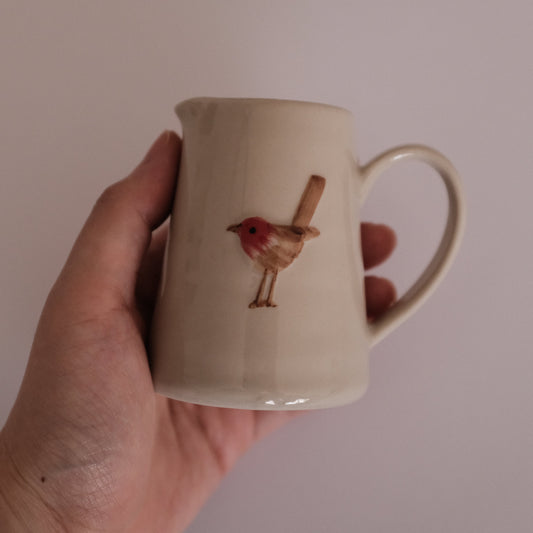 IN THE WOODS Rustic Charm Handpainted Red Robin Relief Ceramic Pitcher Jug