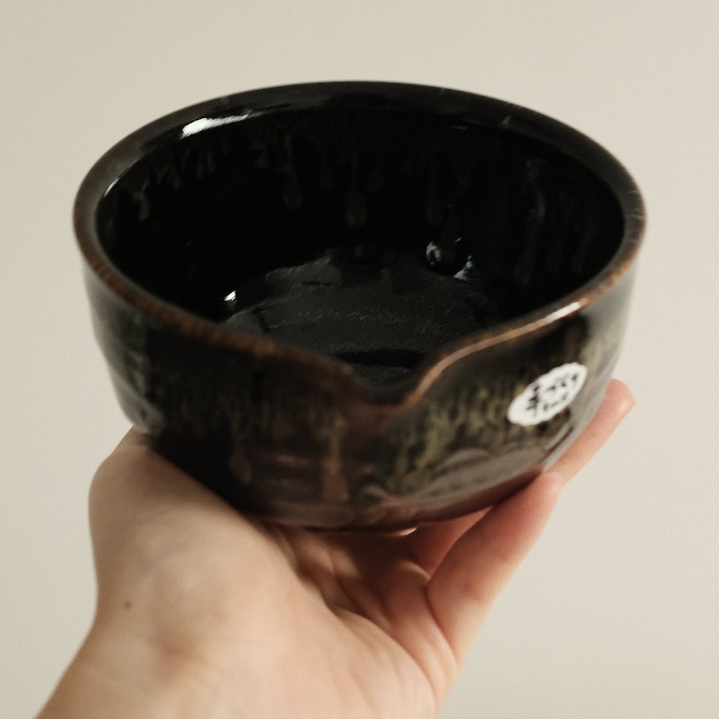 Hana Izumi Kiln Japan Kuro Black Tenmoku Nagashi Katakuchi Chawan Matcha Bowl Aritaware