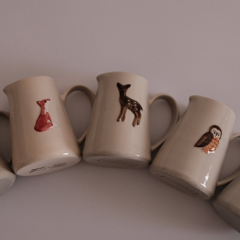 IN THE WOODS Rustic Charm Handpainted Fawn Deer Relief Ceramic Pitcher Jug