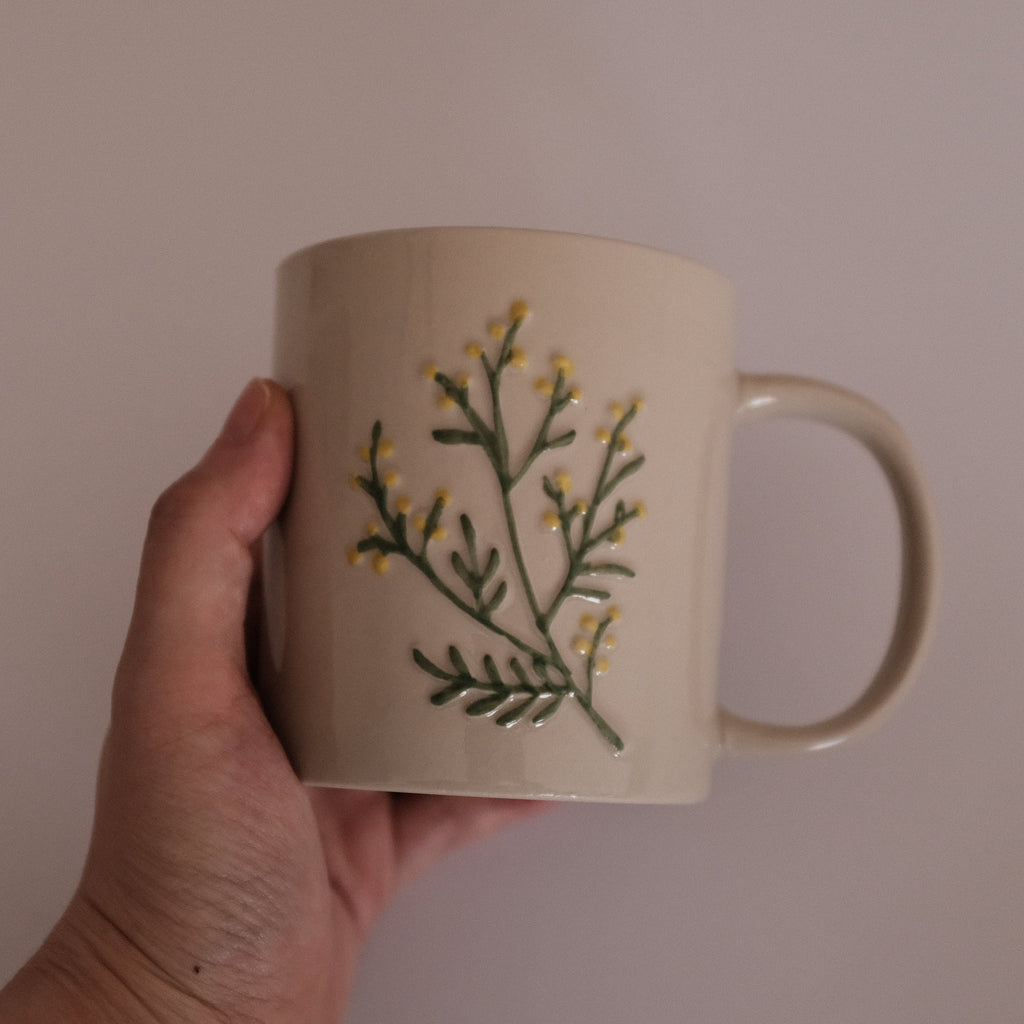 SUMMERIE Rustic Charm Whimsical Floral Pine Fern Relief Ceramic Mug