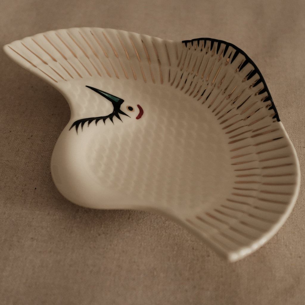 Tsuru White Crane Underglazed Cream Ceramic Dish Plate