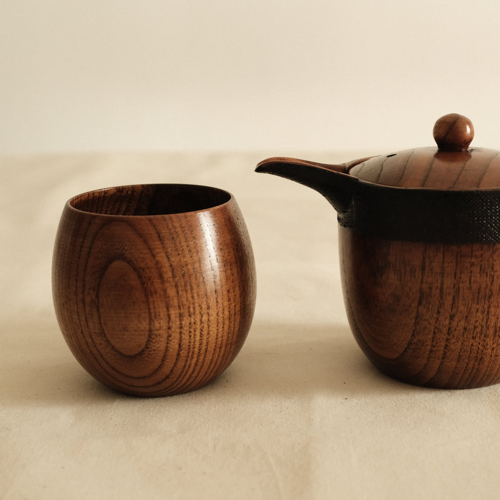 Asanuno Hemp Fabric Covered Wooden Teapot with Egg Shape Wooden Cup Norawan Set