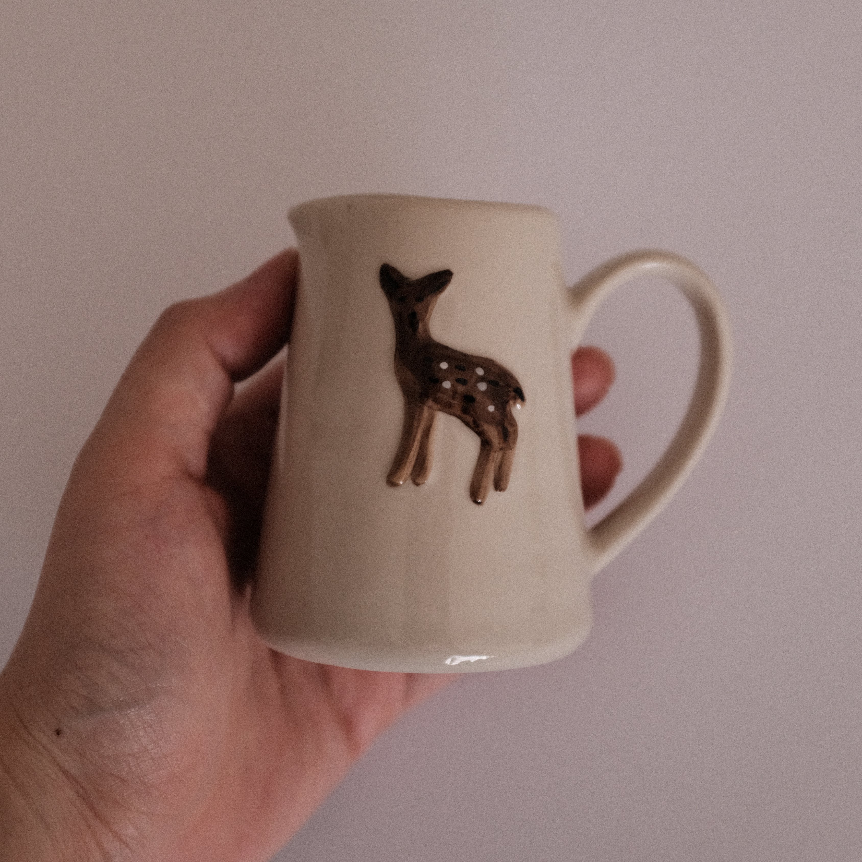 IN THE WOODS Rustic Charm Handpainted Fawn Deer Relief Ceramic Pitcher Jug