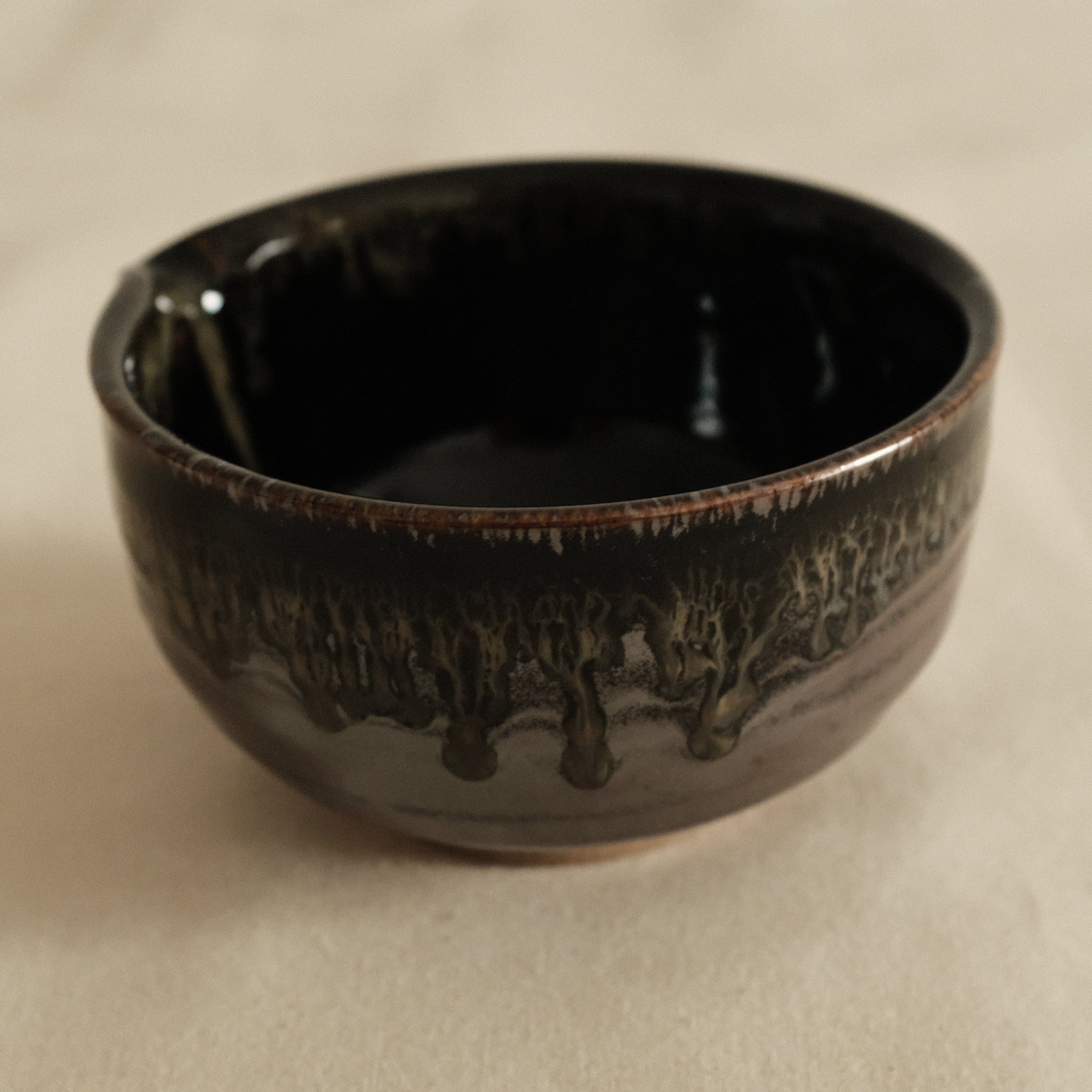Hana Izumi Kiln Japan Kuro Black Tenmoku Nagashi Katakuchi Chawan Matcha Bowl Aritaware
