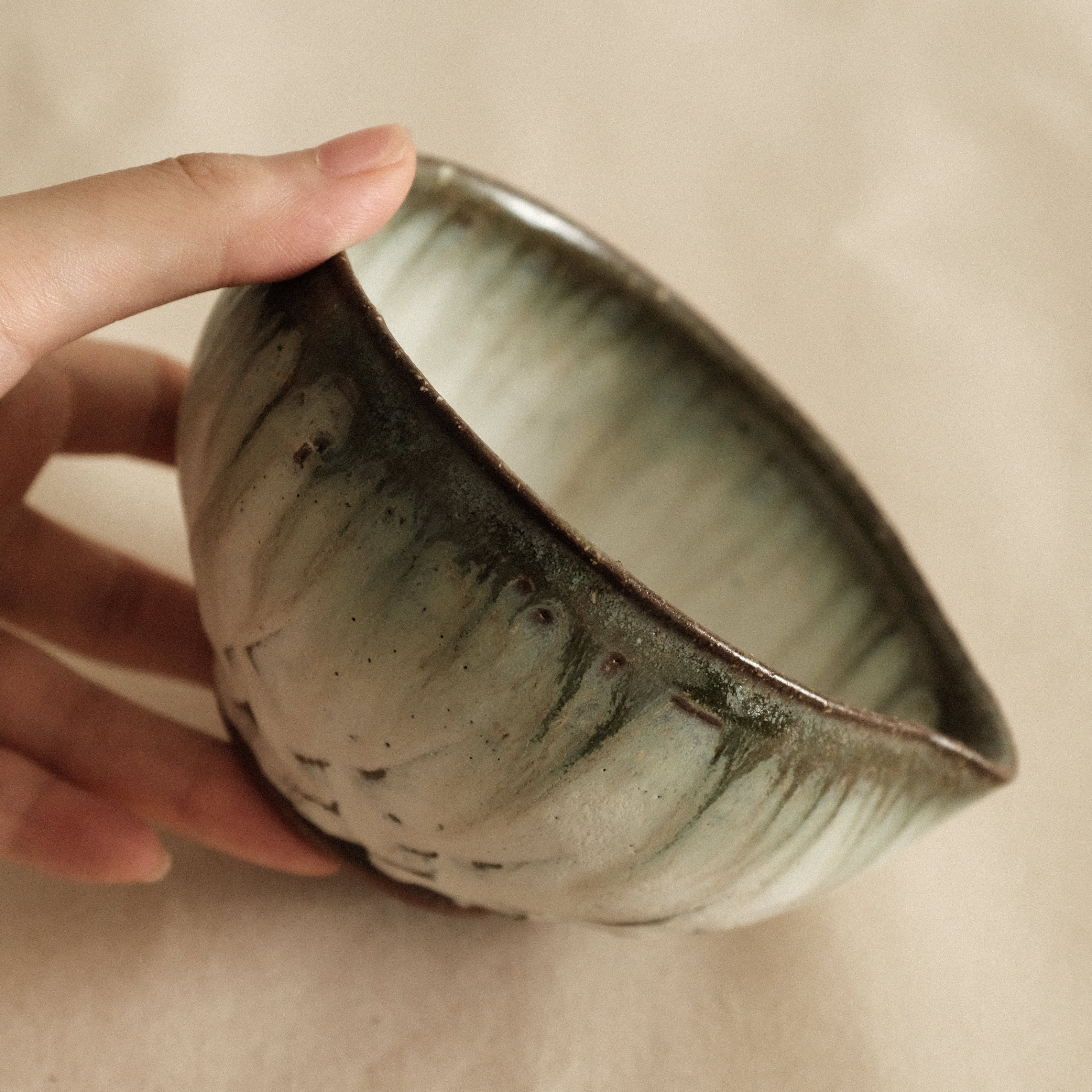 Masamura Japan Carved Artichoke Moss Green Japan Katakuchi Chawan Matcha Bowl with Spout