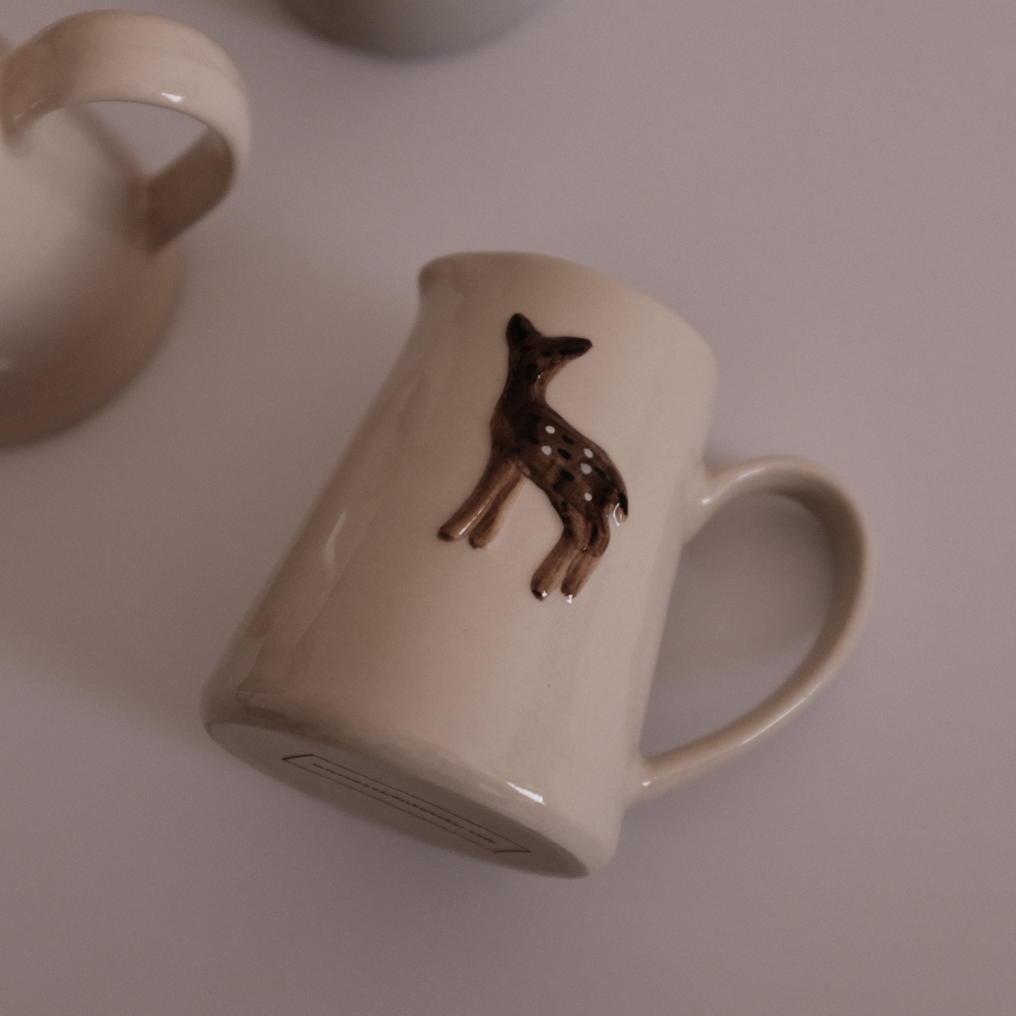IN THE WOODS Rustic Charm Handpainted Fawn Deer Relief Ceramic Pitcher Jug