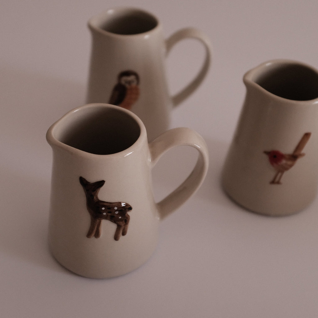 IN THE WOODS Rustic Charm Handpainted Fawn Deer Relief Ceramic Pitcher Jug